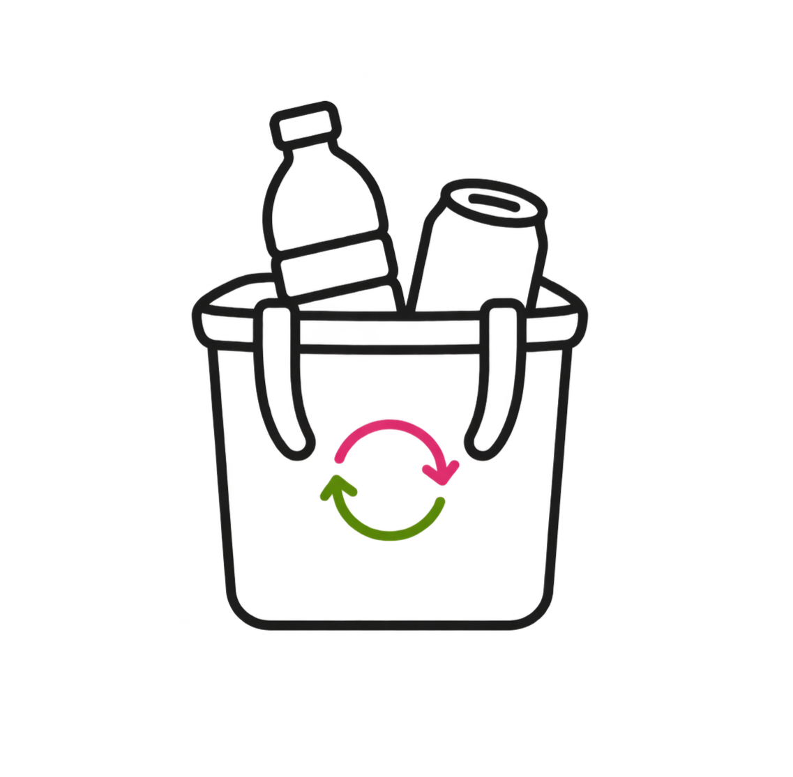 Line drawing of a recycling bin with a bottle and a can inside and a recycling symbol on the front.