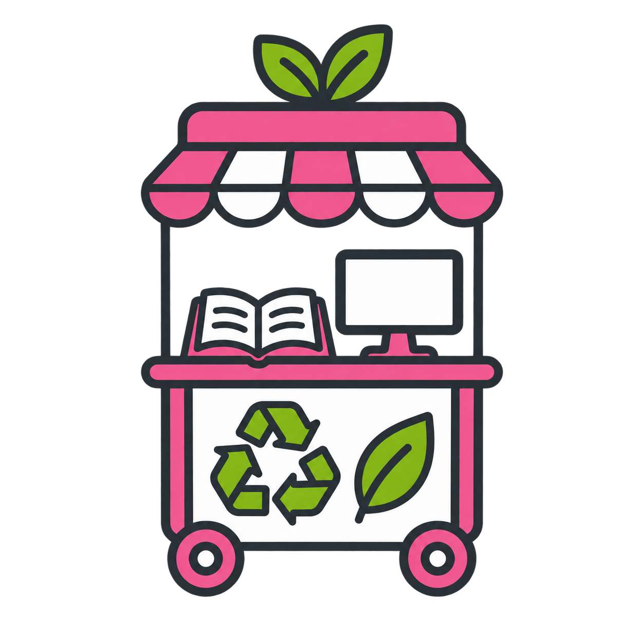 A mobile eco-friendly business kiosk with a pink and white striped canopy, a leaf decoration, an open book, a computer monitor, and recycling symbol with a leaf on the front.