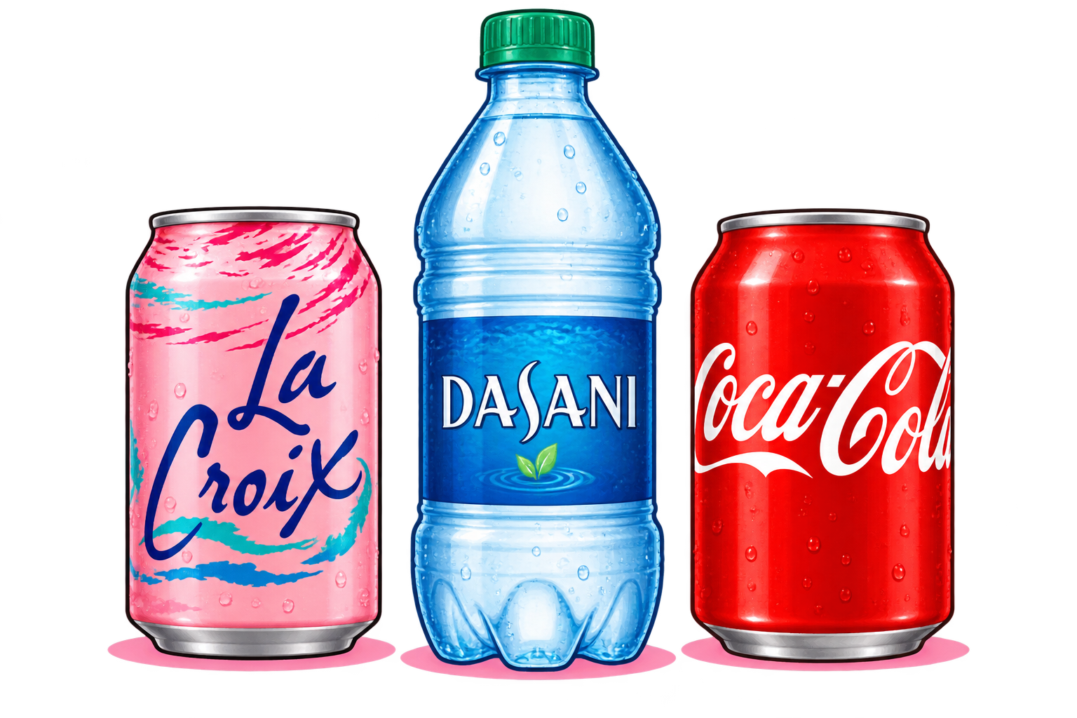 Pink LaCroix can, blue Dasani water bottle, red Coca-Cola can.