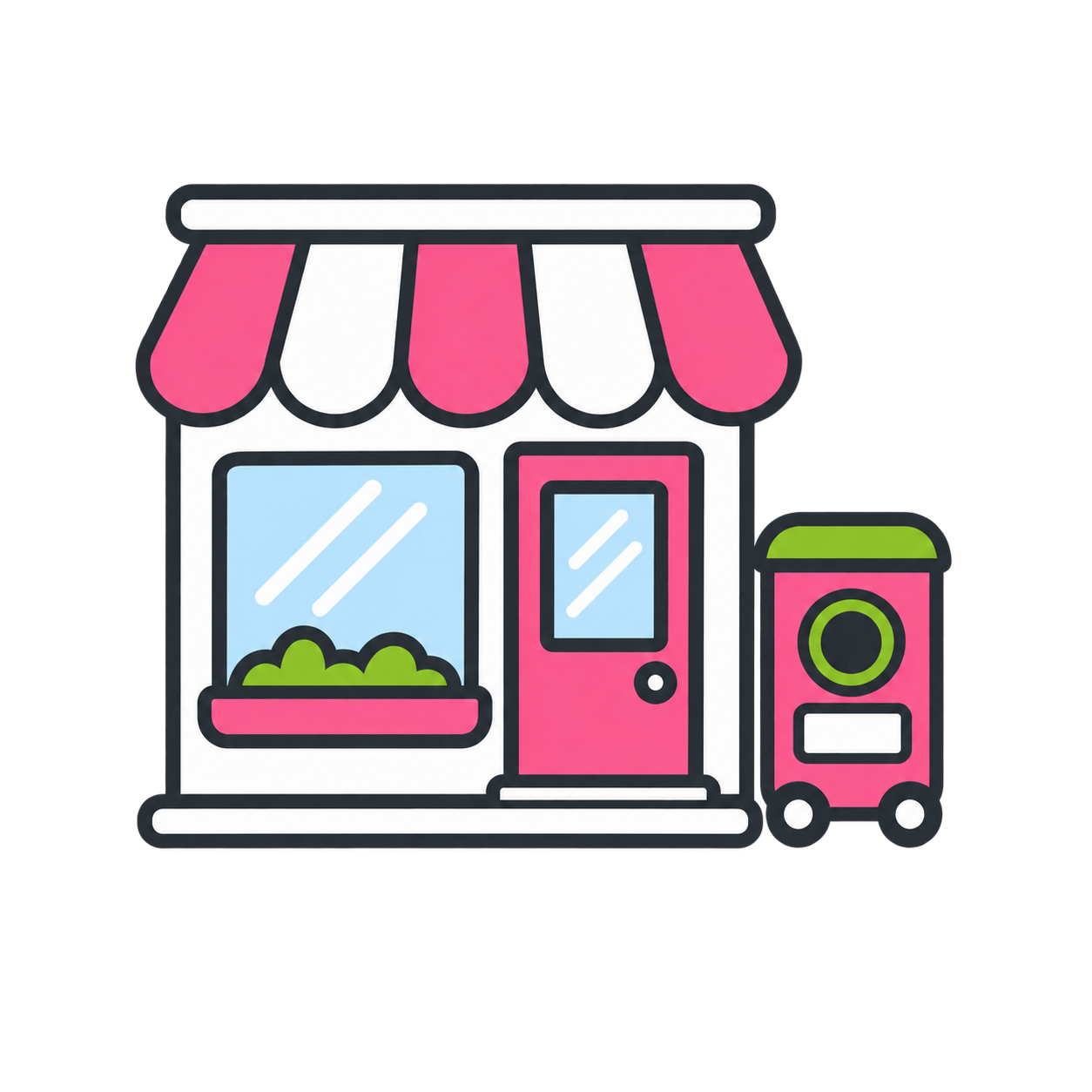 A colorful illustration of a small storefront with a pink and white striped awning, a large window with green plants inside, a pink door, and a nearby pink and green trash bin.
