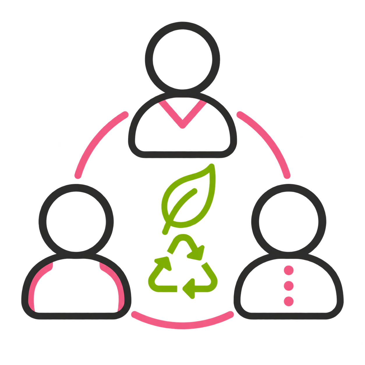 Graphic representing sustainability with three interconnected human figures, a leaf, and recycling arrows