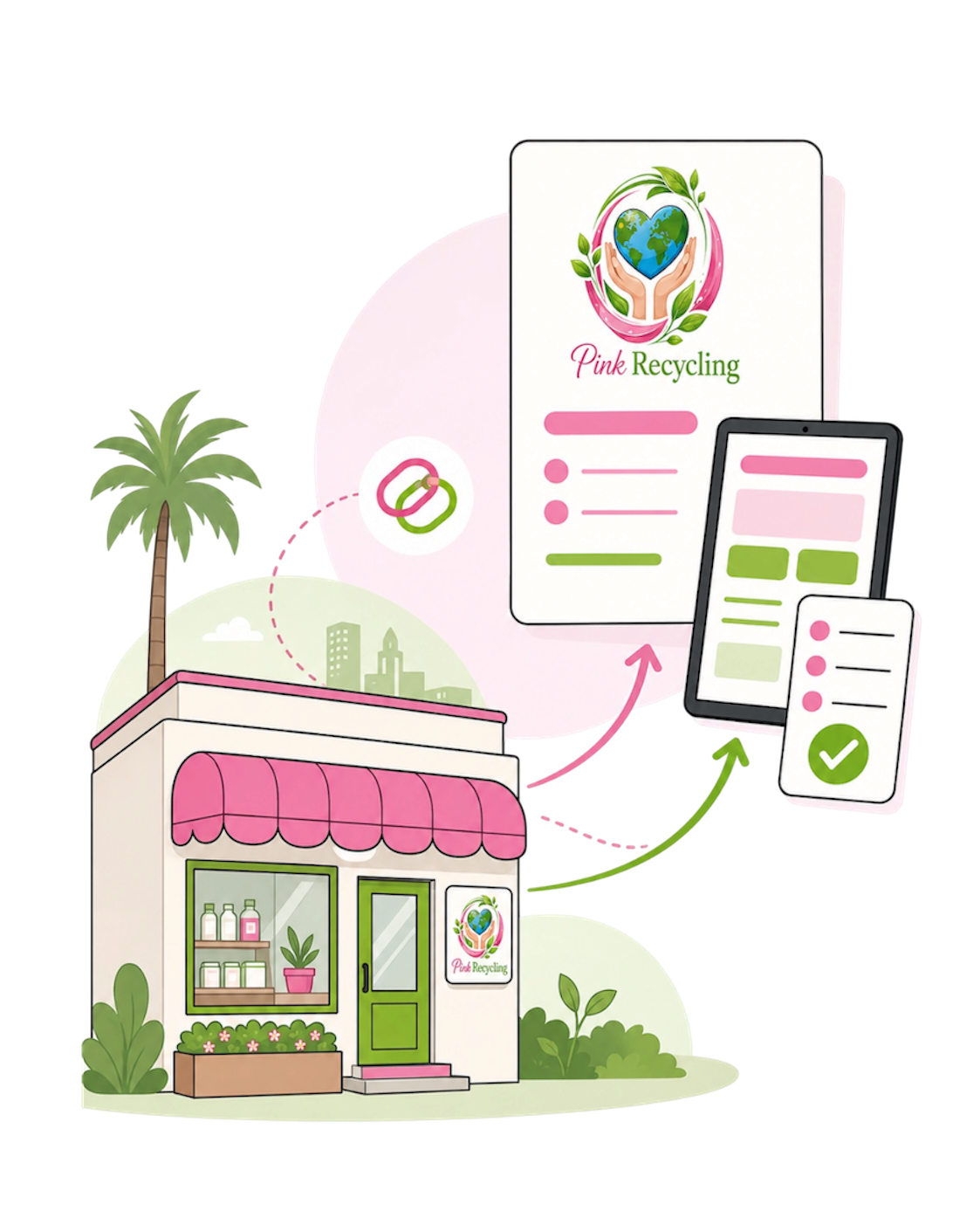 Illustration of a small pink and white eco-friendly store with a pink awning, potted plants, and recycling signs. In the background are digital devices showing environmental recycling content labeled 'Pink Recycling' with icons of the earth in hands, leaves, and links, and tracking arrows.