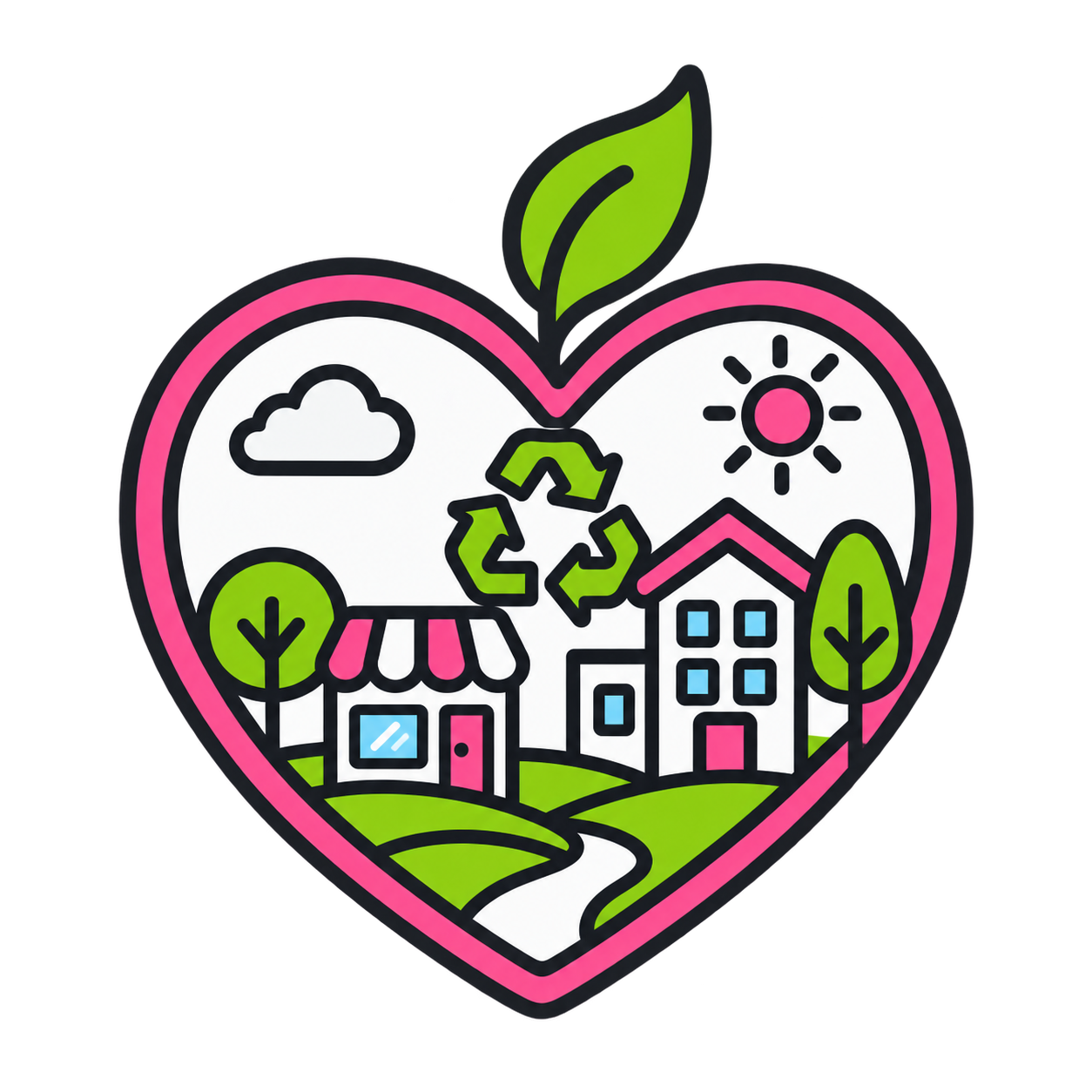 Colorful illustration of a heart-shaped scene with a house, trees, clouds, a sun, and a recycling symbol, representing eco-friendly living.