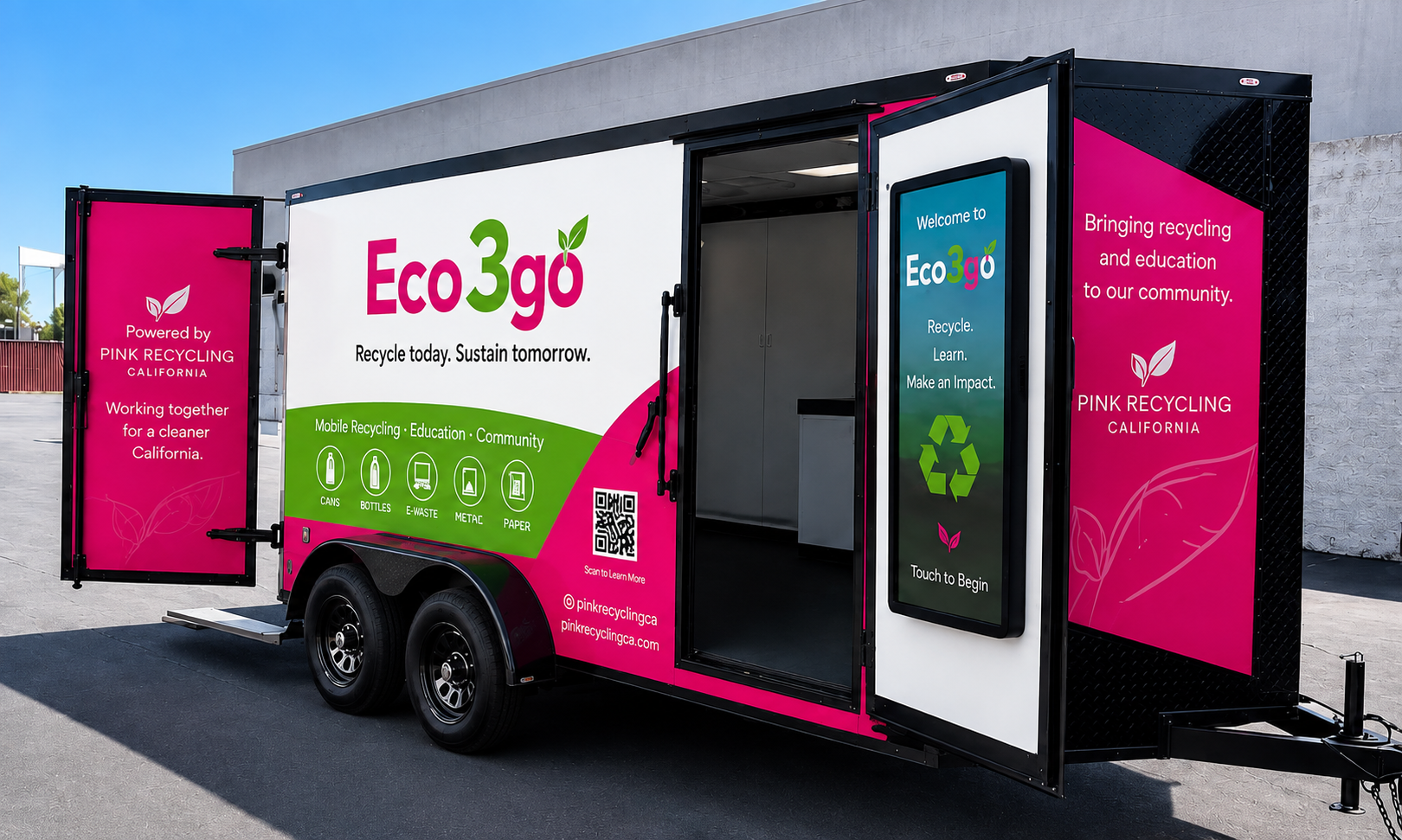 Pink and white recycling trailer with a digital sign and open door, promoting Eco3go recycling and education program in California, featuring recycling symbols and icons for cans, bottles, e-waste, METAC, and paper.