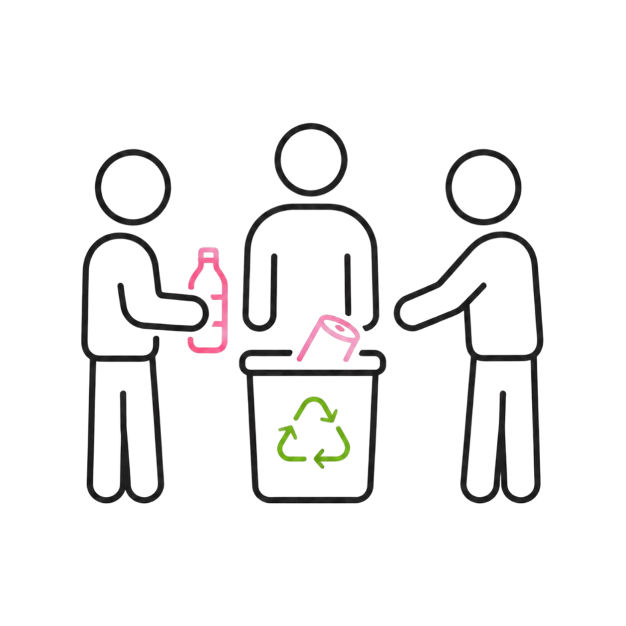 Illustration of three people recycling plastic bottles into a recycling bin.