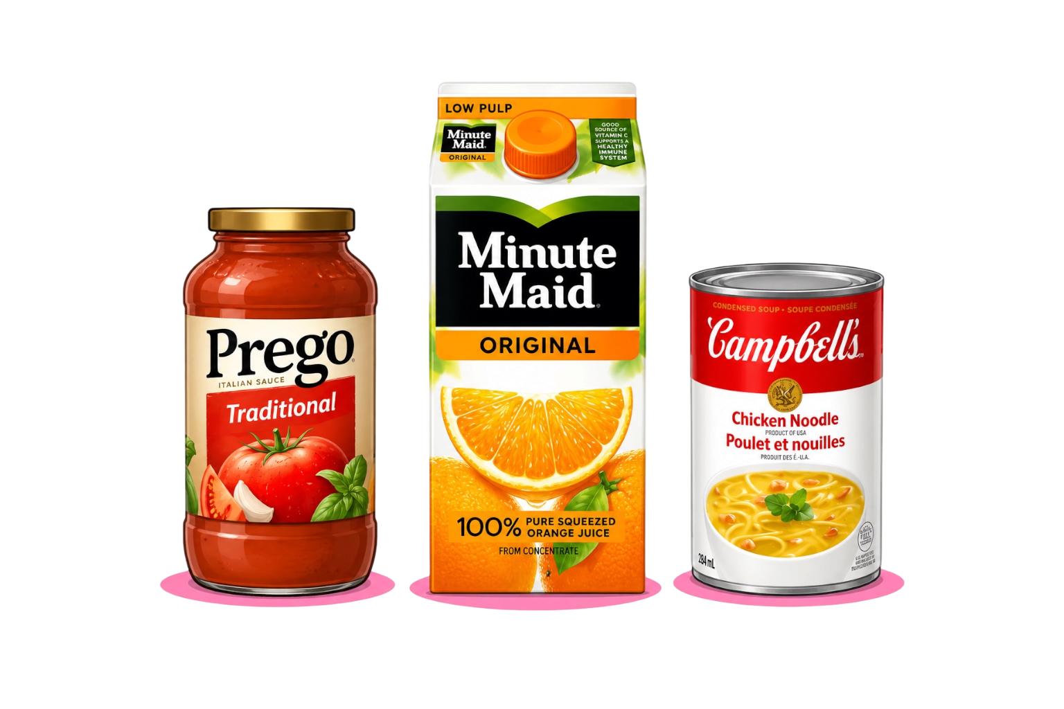 Three food items: a jar of Prego traditional Italian sauce, a carton of Minute Maid orange juice, and a can of Campbell's chicken noodle soup.