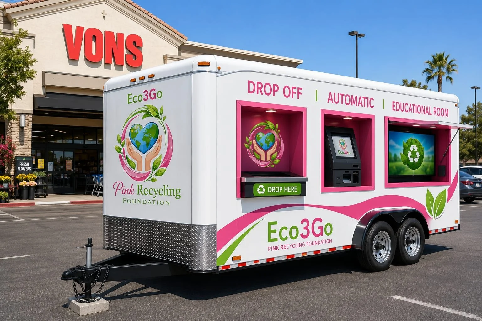 A mobile recycling station labeled Eco3Go in a parking lot outside a store with a Vons sign. The station has sections for drop-off, an automatic machine, and an educational room. The station features pink and green branding with logos of hands holding a heart-shaped earth and recycling symbols.