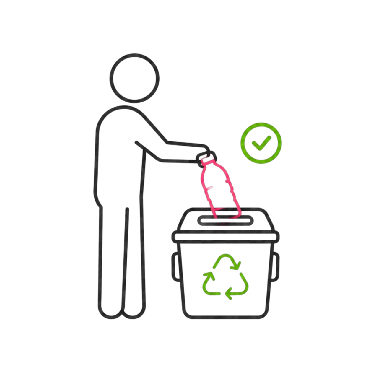 A neon outline of a person placing a plastic bottle into a recycling bin, with a green checkmark indicating proper recycling.