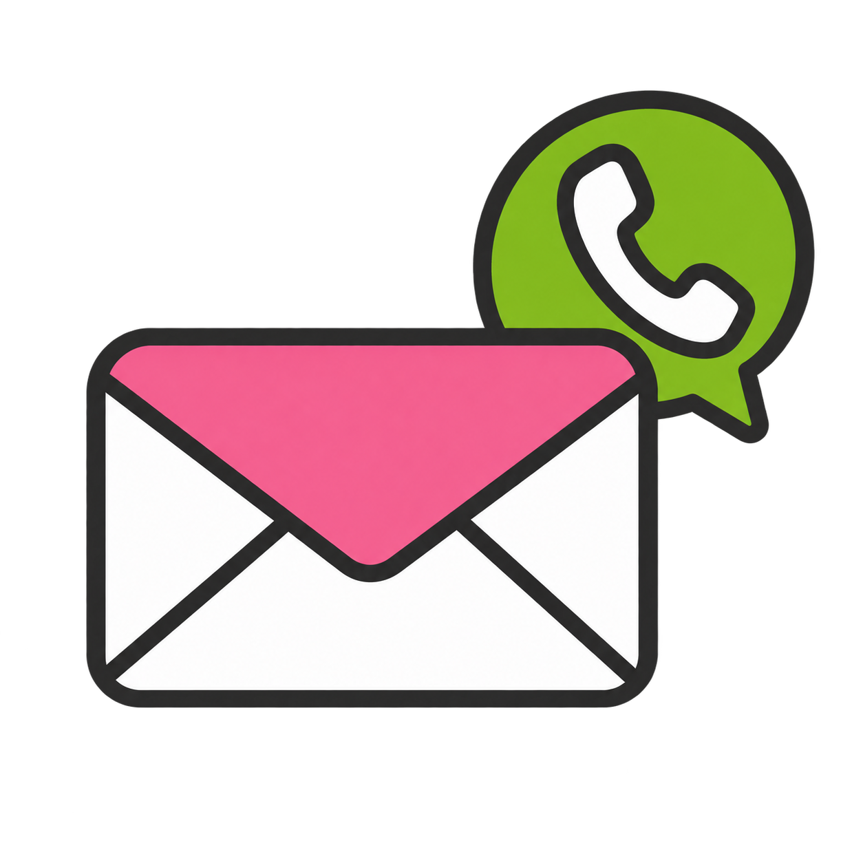 An envelope with a pink flap and a green WhatsApp icon with a white phone inside.