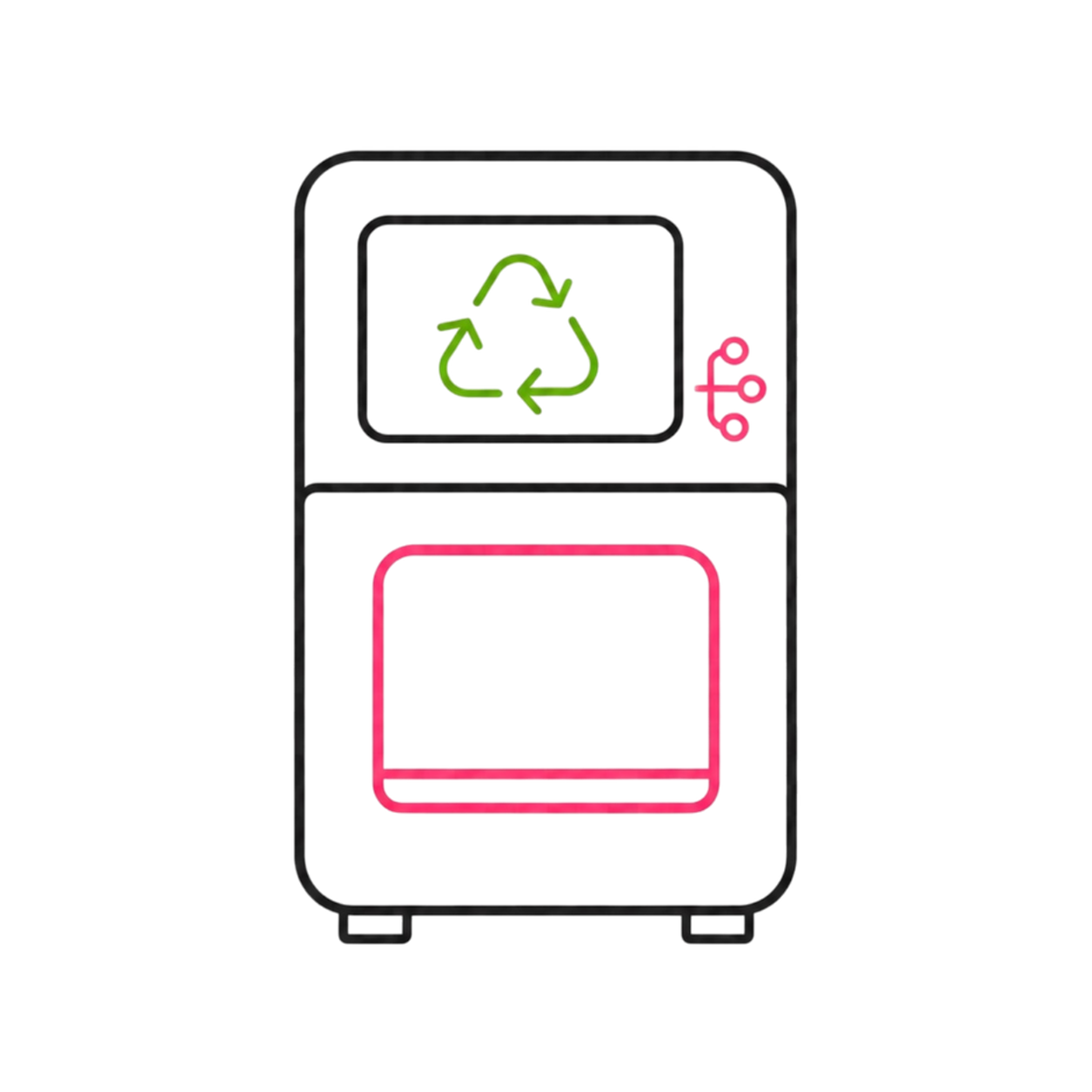 Neon sign of a washing machine with a recycling symbol on the display.
