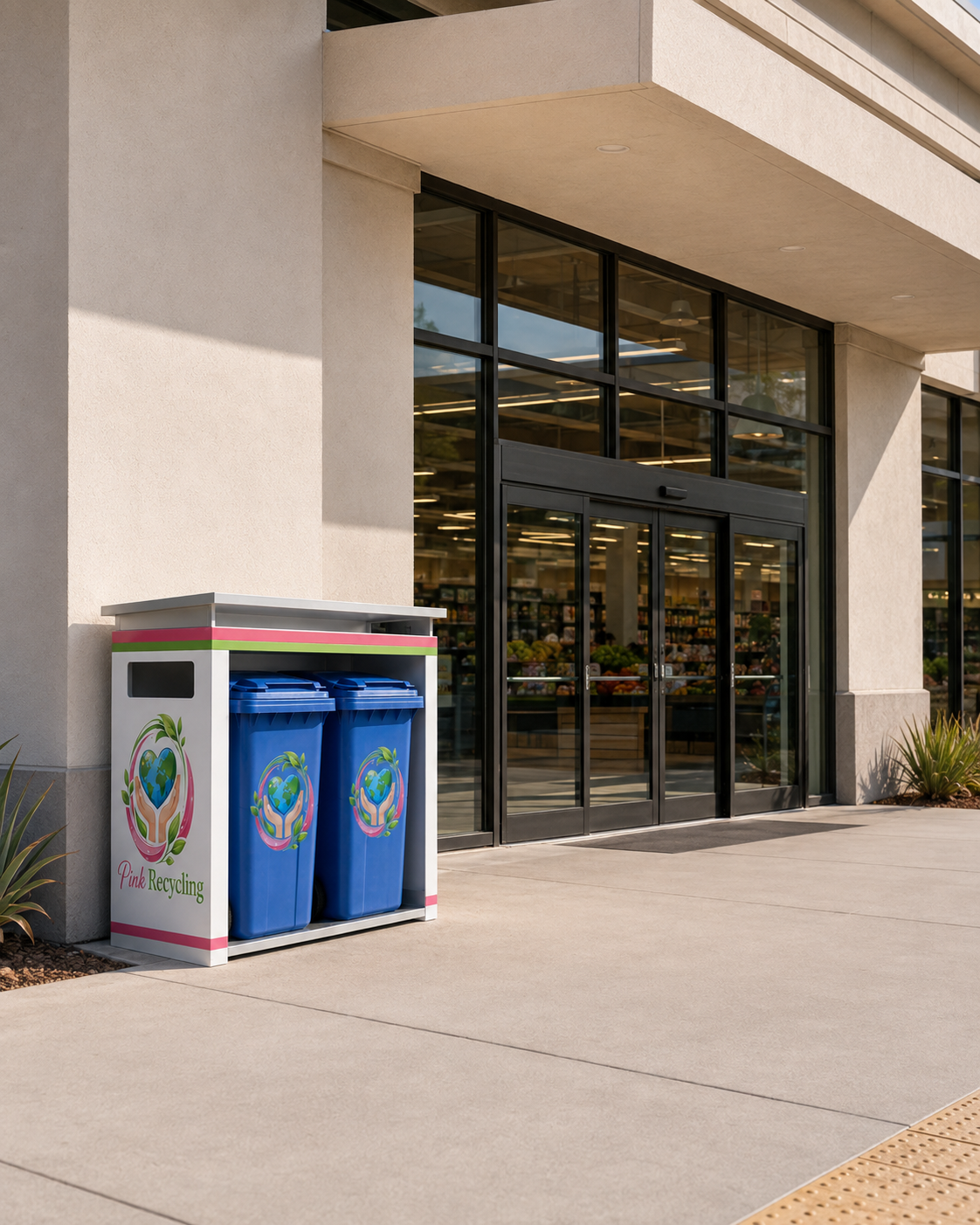 Outside view of a grocery store with a recycling bin labeled 'Pink Recycling' featuring two blue bins with recycling symbols on them.
