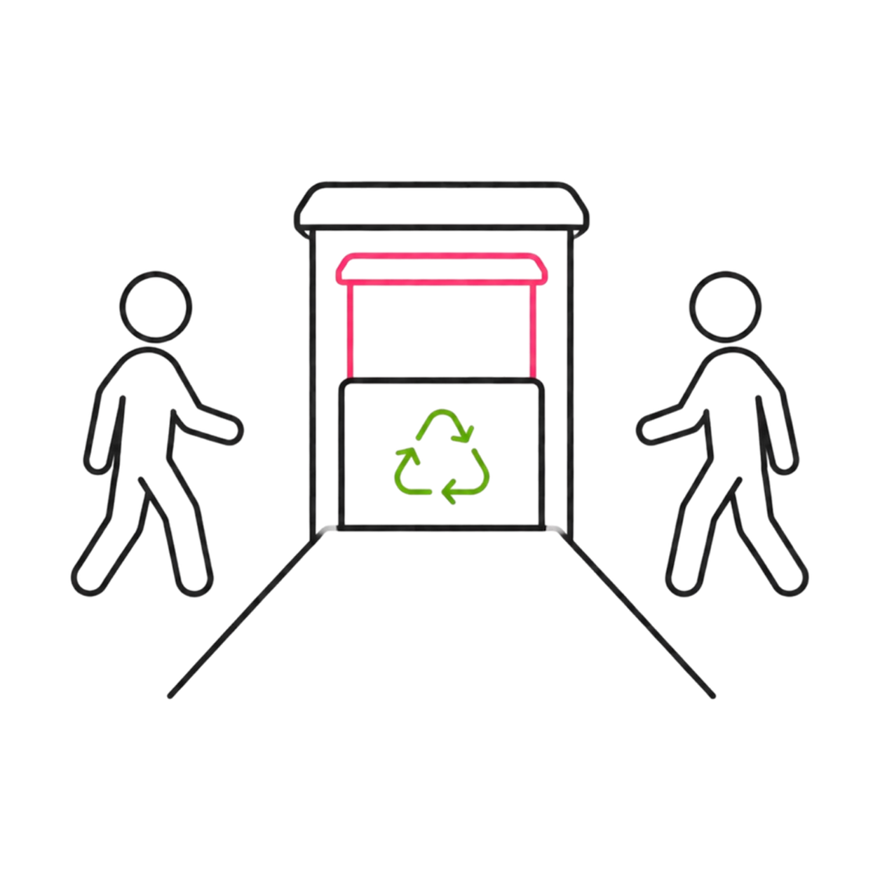 Neon outline of a recycling bin with a green recycling symbol, two stick figures walking toward it, on a black background.