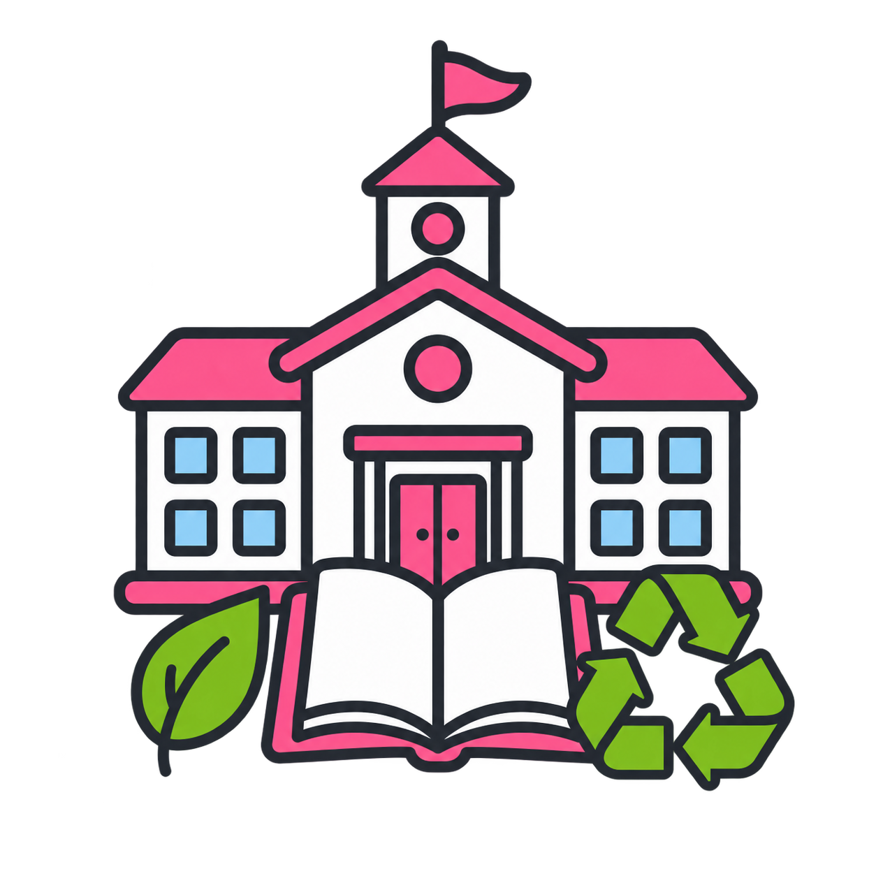 Illustration of a school building with pink roof, doors, and window shutters, an open book at the base, a green leaf, and a recycling symbol, representing sustainability and eco-friendliness in education.