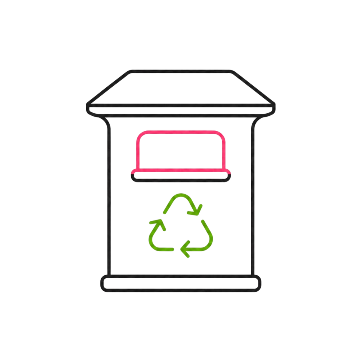 Neon outline of a trash bin with a recycling symbol on the front. The bin has a red lid, a blue side panel, and a black outline, with a black outline of the entire bin.