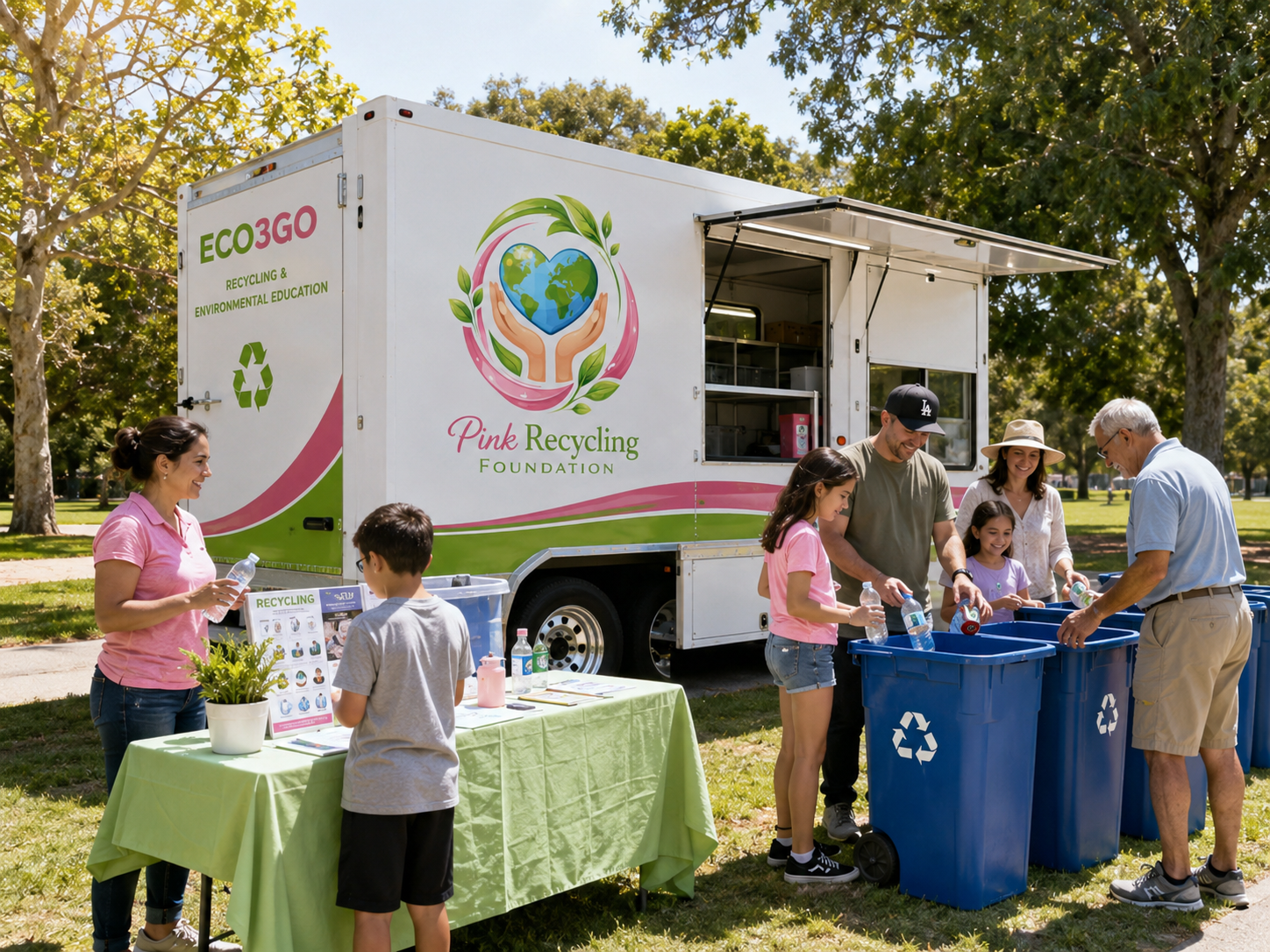 People recycling bottles at a community event by a recycling truck labeled "Pink Recycling Foundation" with a logo of two hands holding a globe surrounded by leaves.