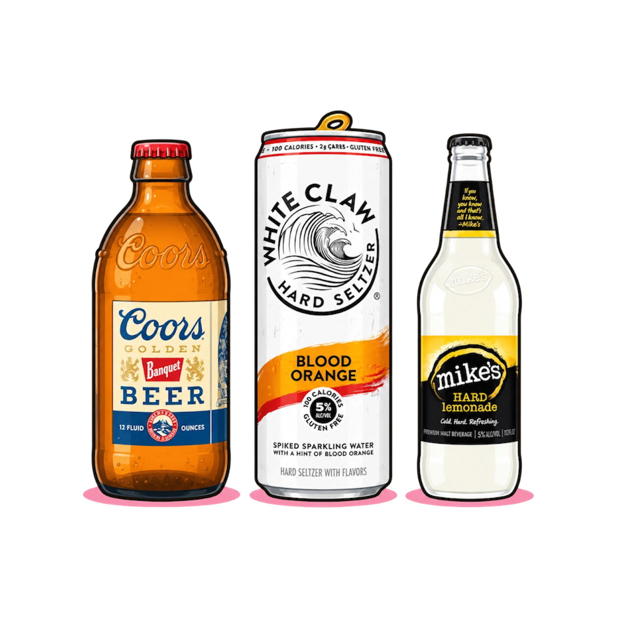 Three beverages: a bottle of Coors beer, a can of White Claw blood orange hard seltzer, and a bottle of Mike's hard lemonade, placed side by side against a black background.