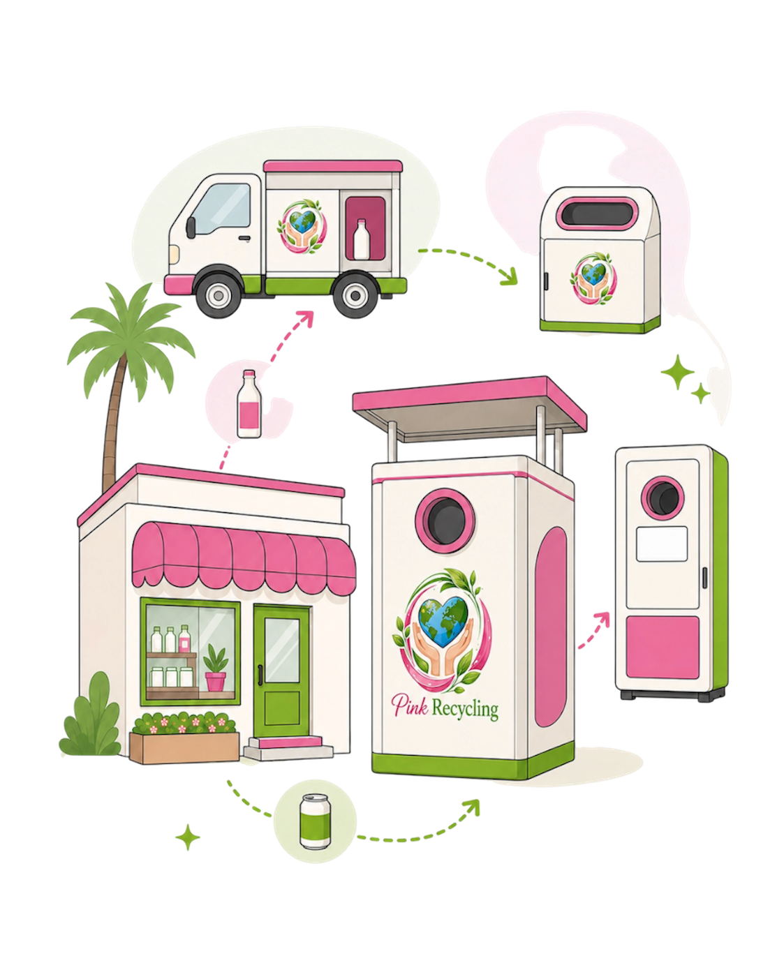Illustration of eco-friendly recycling concepts with various recycling bins, a mobile recycling truck, a small store, and a palm tree, featuring an earth and leaf logo for Pink Recycling.