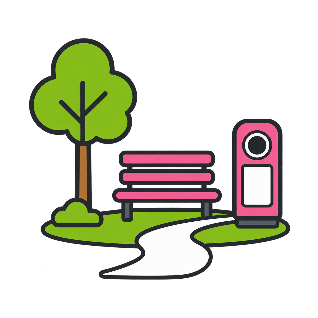 Colorful illustration of a park scene with a pink bench, a tree with green leaves, a winding white path, and a pink structure resembling a lamp post or sign.