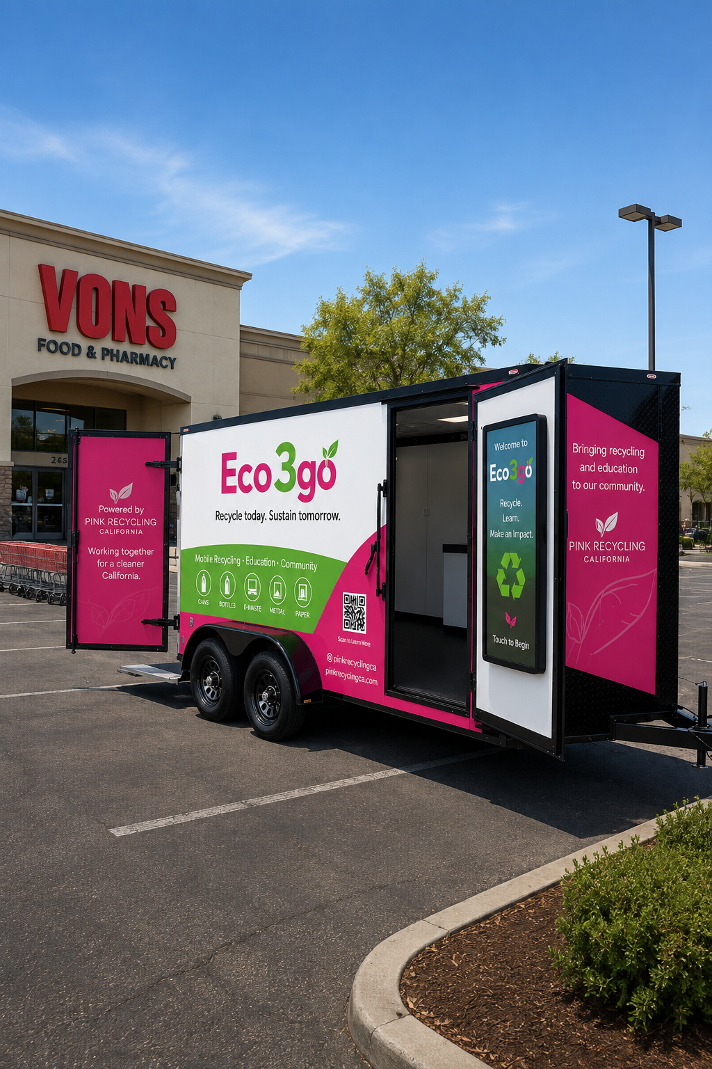 A mobile recycling unit labeled Eco3go is parked in a shopping lot in front of a Vons grocery store. The unit has pink and green branding with instructions to recycle and educate the community.