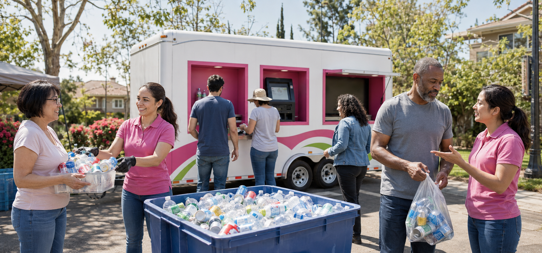 Community members recycling aluminum cans at a mobile recycling center in a park.
