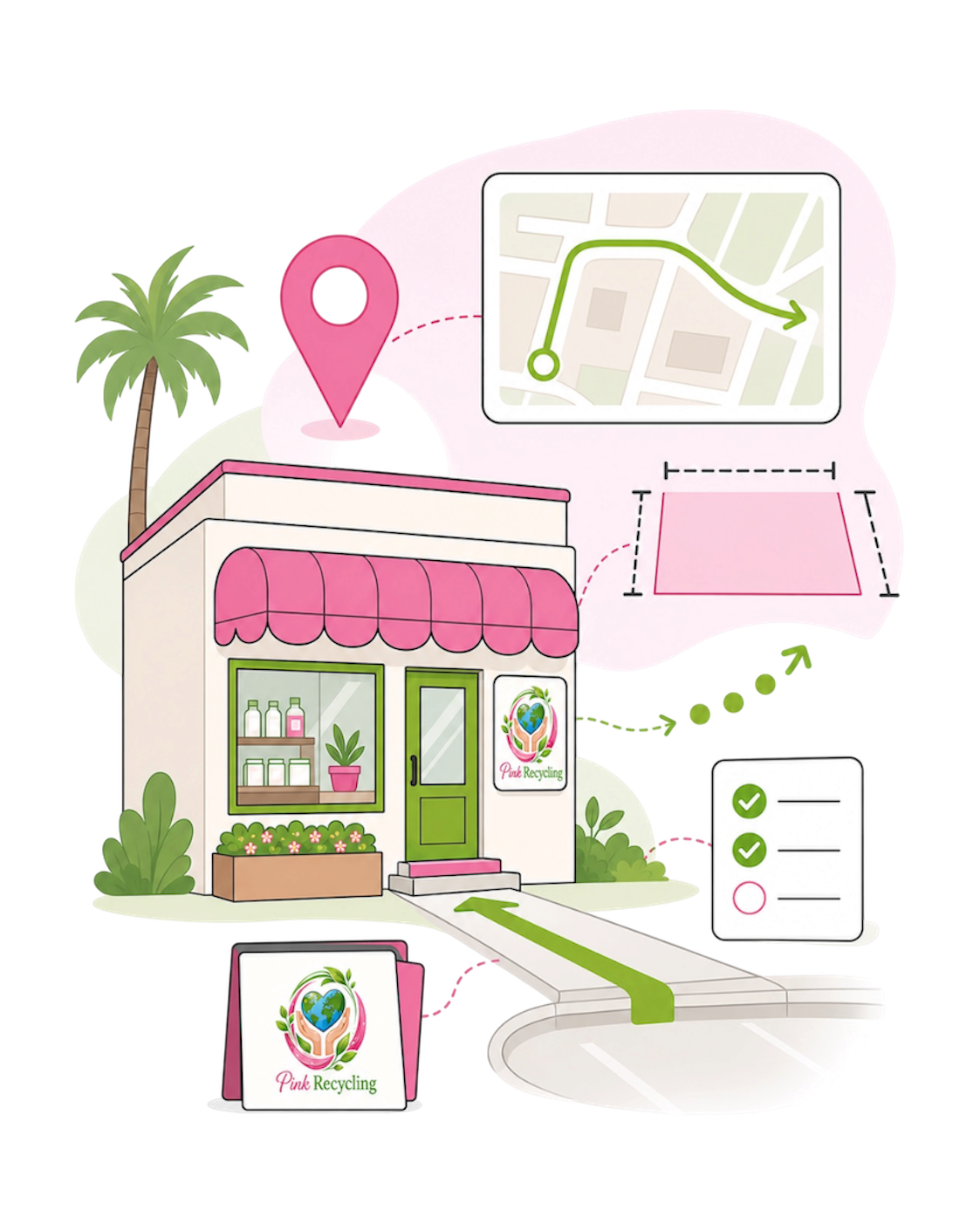 Illustration of a pink recycling store with a palm tree, signage, and a path leading to it. A map with a route, checklists, and planning icons are shown around the store.