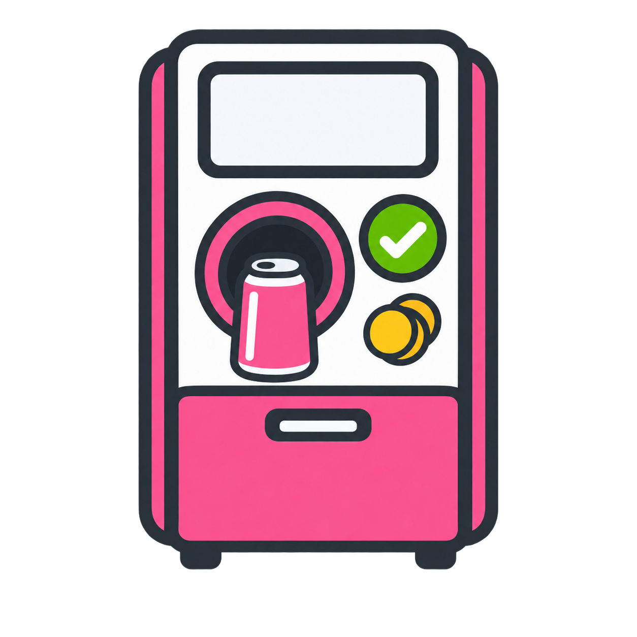 A vending machine with a pink and white design, showing a can being dispensed, a green check mark, and yellow coins.