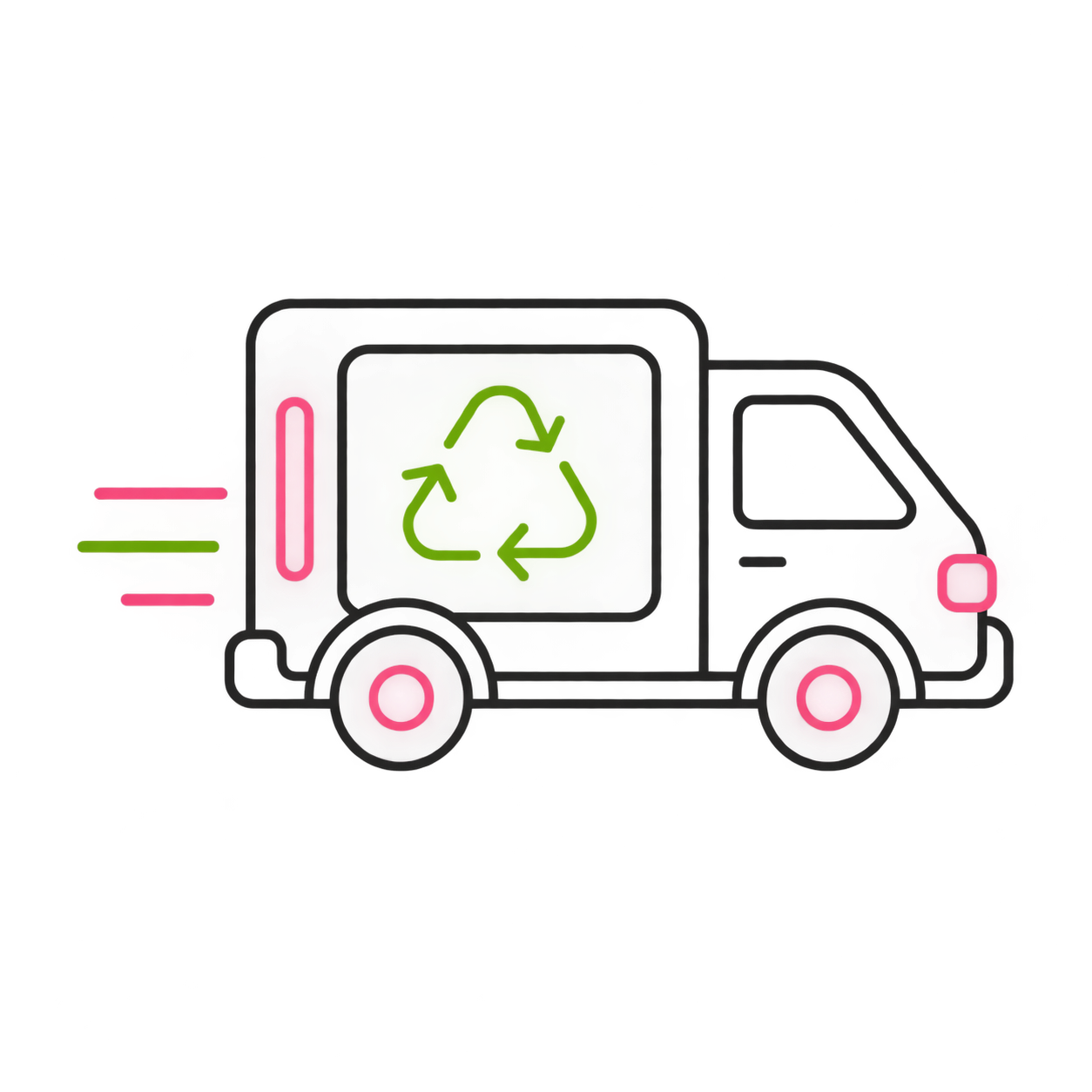 Neon illustration of a delivery truck with a recycling symbol on the side, neon pink exhaust flames, and glowing wheels against a black background.
