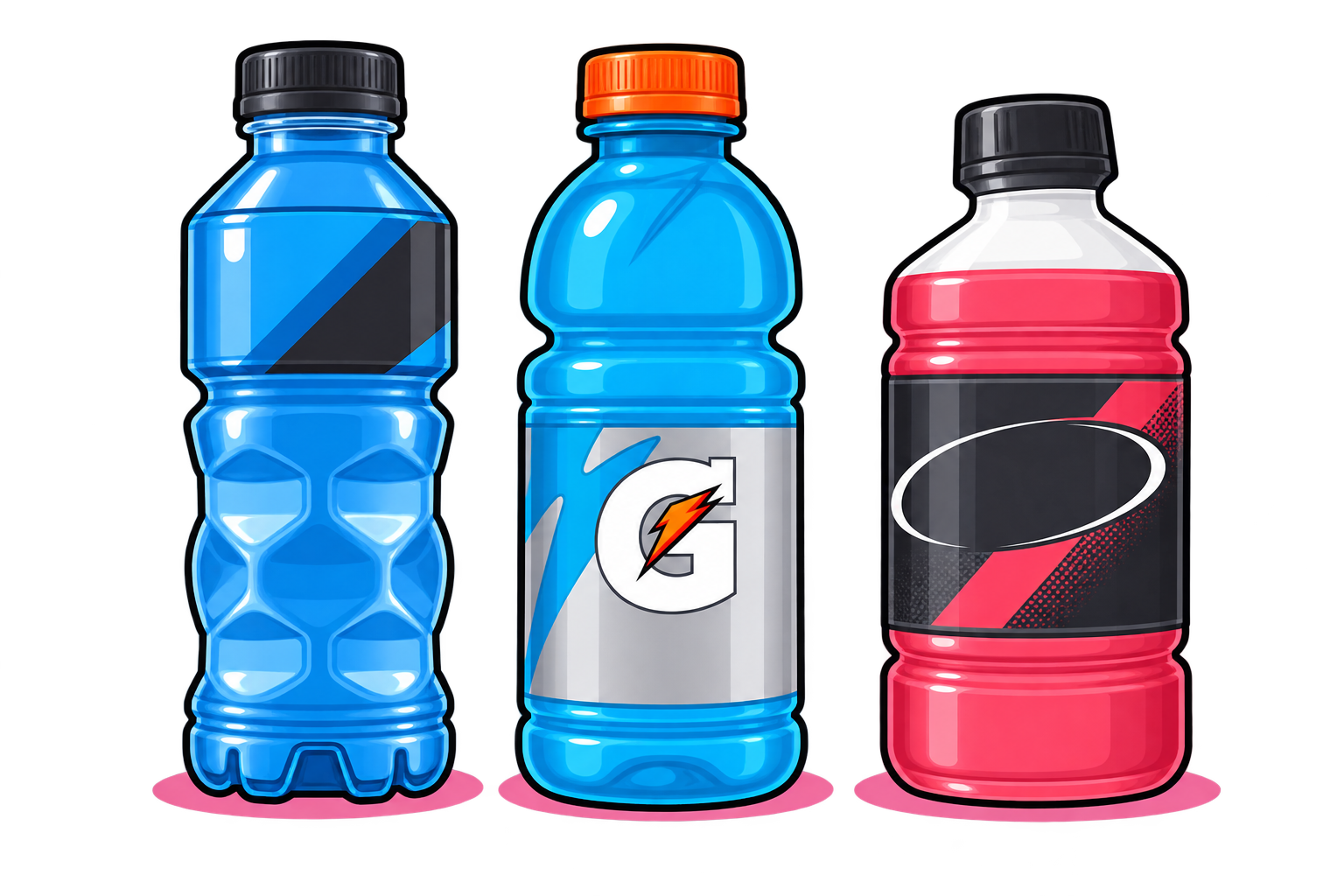 Illustration of three sports drink bottles, with blue, gray, and red colors, placed side by side against a dark background.