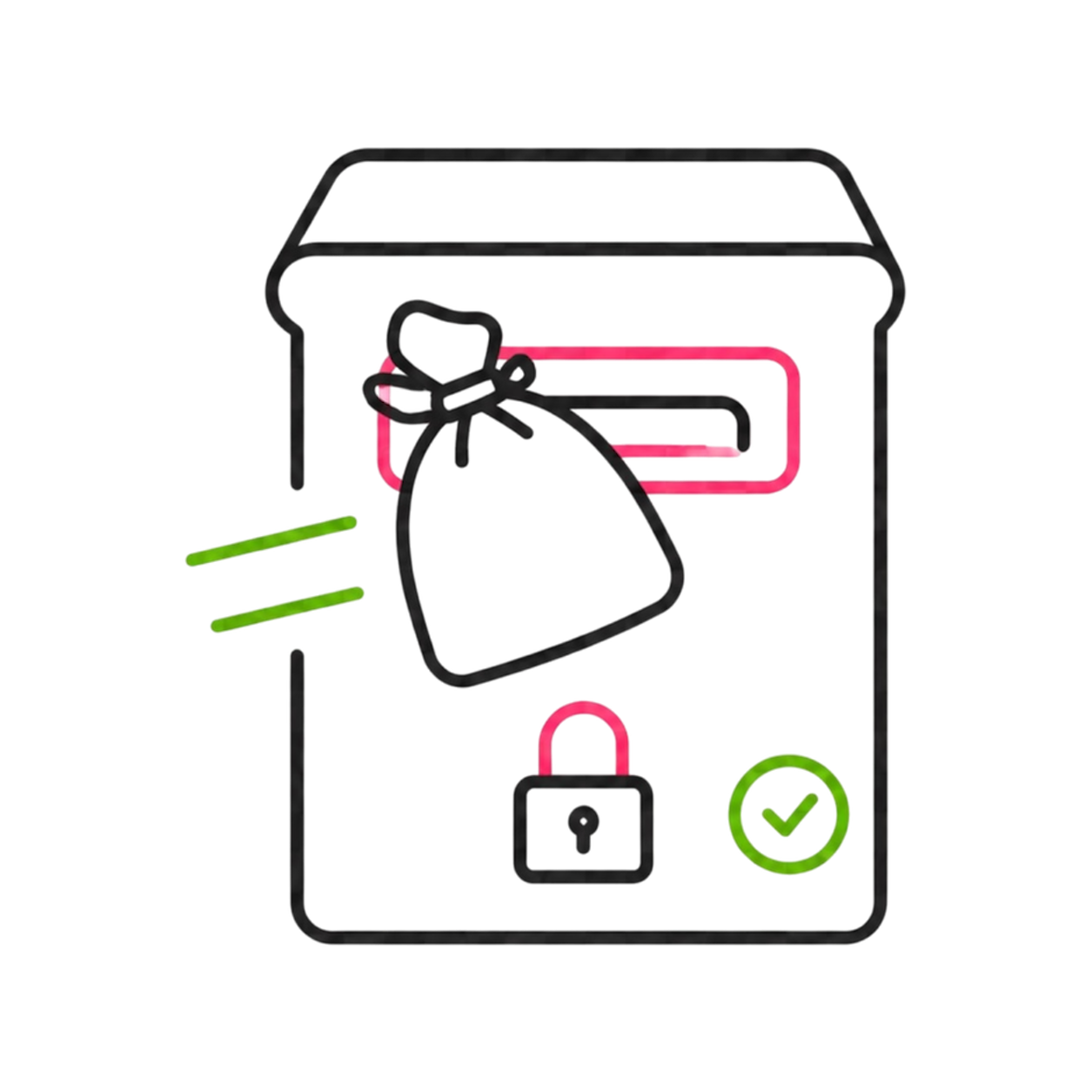 Neon illustration of a mobile phone with a shopping bag, a lock, a checkmark, and shopping cart icons.