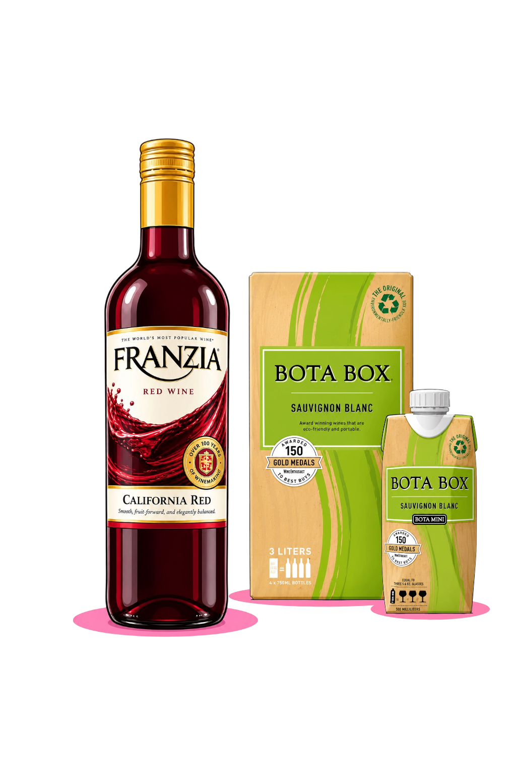 A bottle of Franzia California Red Wine and two Bota Box Sauvignon Blanc beverage containers, one in a carton and one in a small box, displayed against a black background.