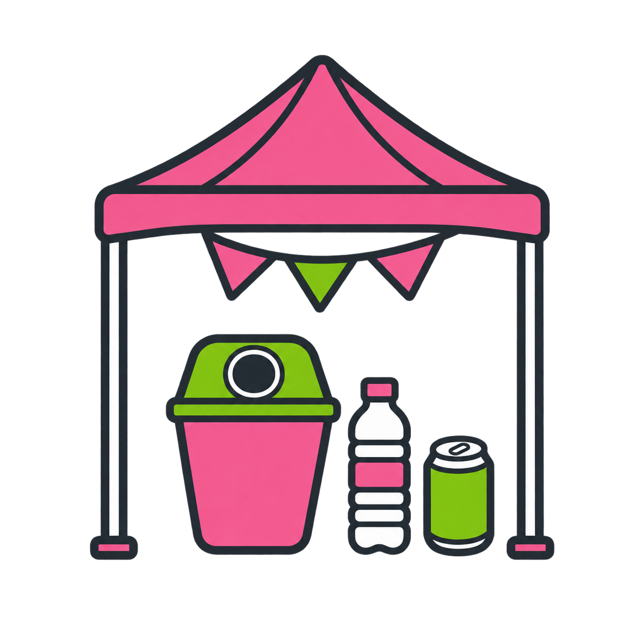 Colorful illustration of a portable beverage stand with a pink canopy, a green soda cup, a bottled drink, and a soda can underneath.