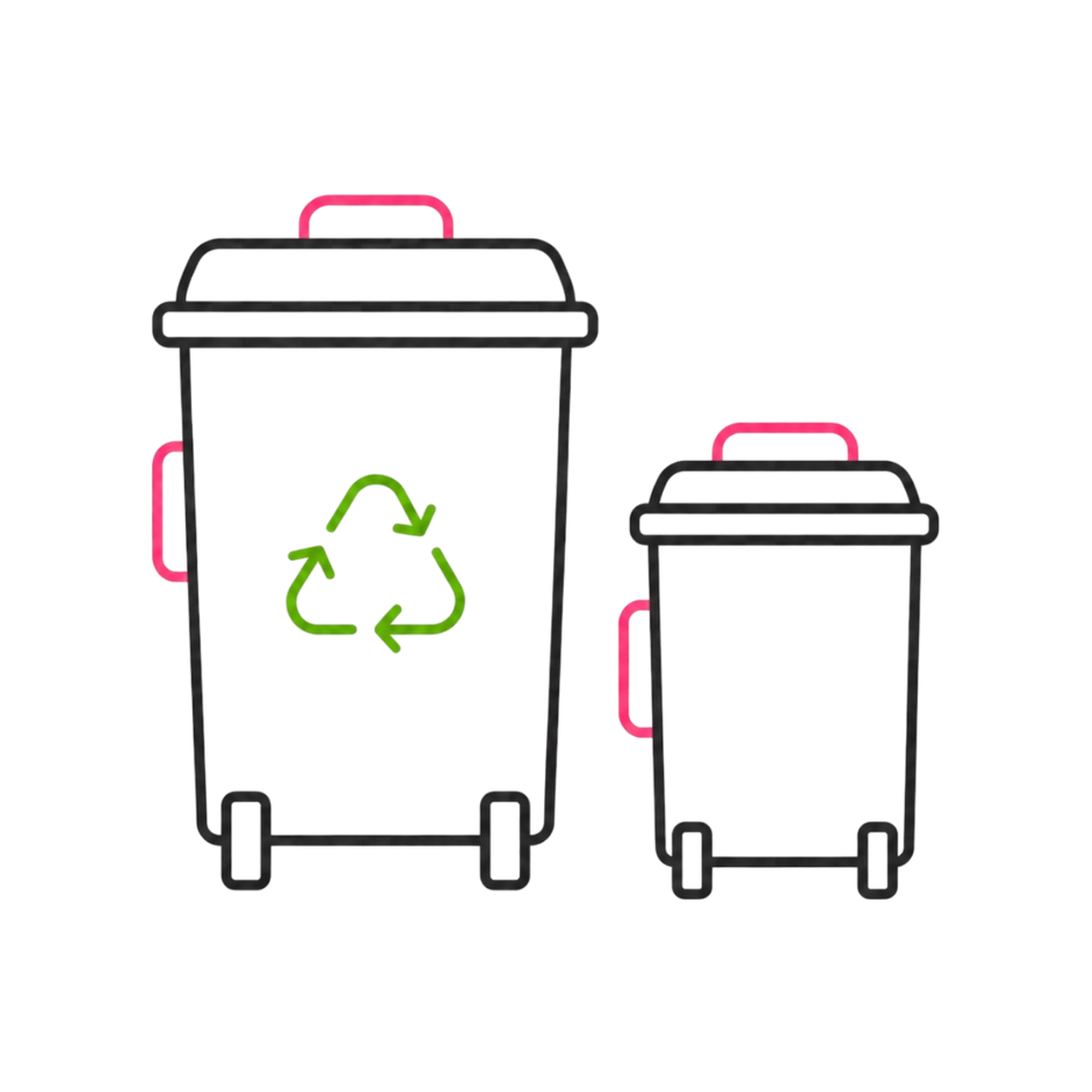 Neon outlines of two trash cans, one larger and one smaller, with a green recycling symbol on the larger can, against a black background.