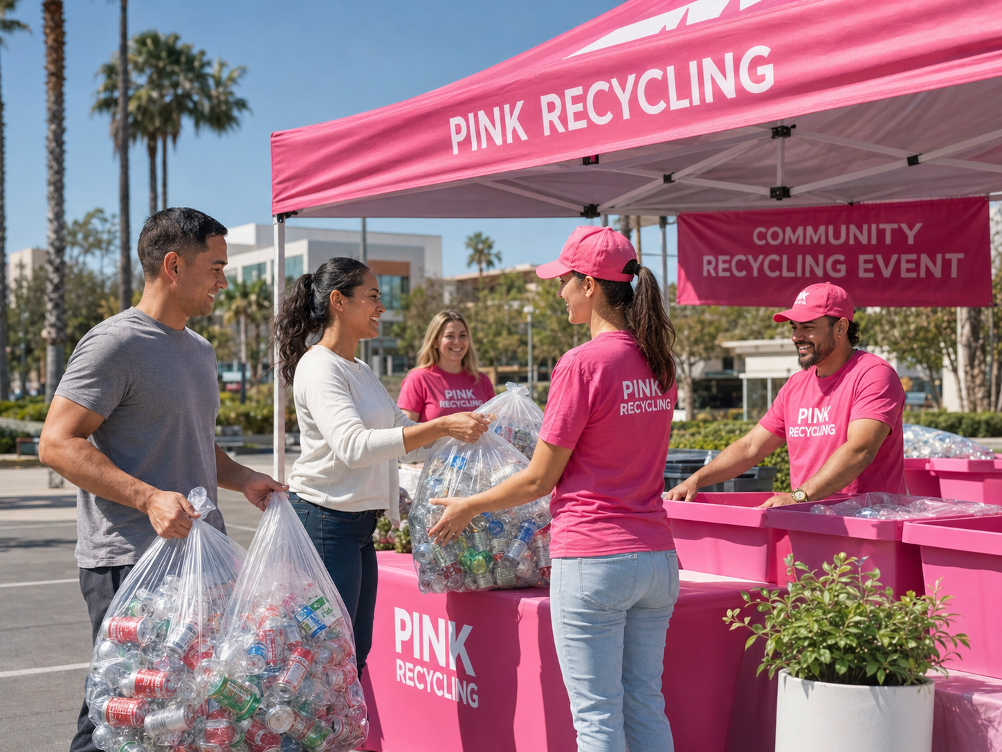 Two women at a store counter holding recycling information posters, with a display of rolled reusable bags labeled PINK RECYCLING CALIFORNIA in front of them.