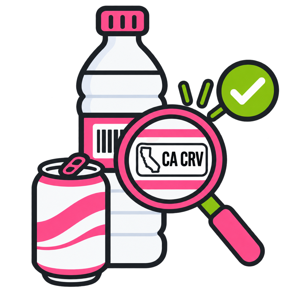 Collection of beverages including a water bottle, soda can, and another bottle with a magnifying glass highlighting a label with a California correctional facility abbreviation, and a green checkmark indicating approval.