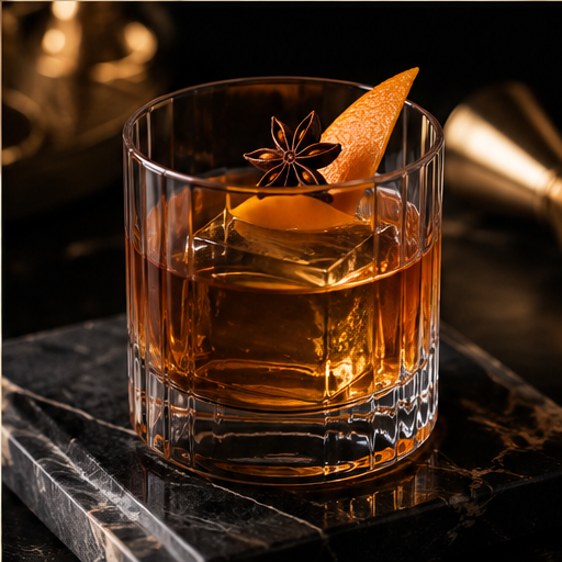 Amber cocktail served over a large ice cube with orange peel and star anise garnish.