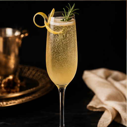 Sparkling cocktail in a champagne flute garnished with a lemon twist and fresh rosemary.