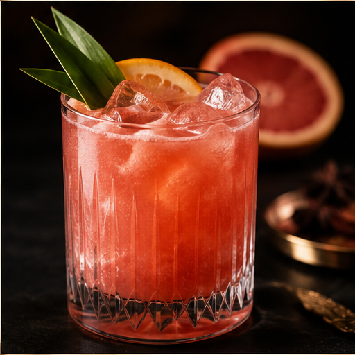 Pink tropical cocktail served over ice with fresh grapefruit and pineapple garnish.