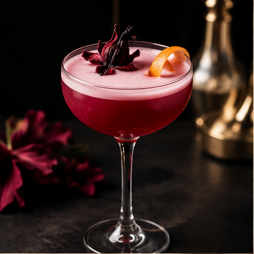 Deep hibiscus cocktail with a foamy top, dried hibiscus and citrus garnish in a coupe glass.