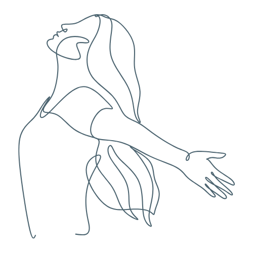 Line art illustration of a person with their head tilted back and arms extended, facing left.