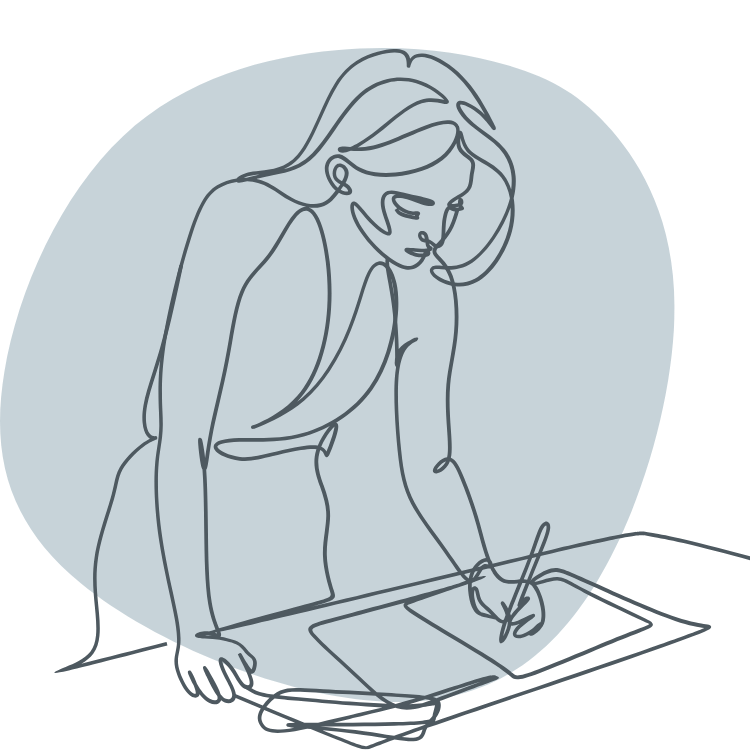 Line drawing of a woman leaning over a table, writing on a piece of paper with a pen.