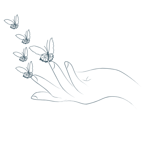 Line drawing of a hand releasing several butterflies into the air.