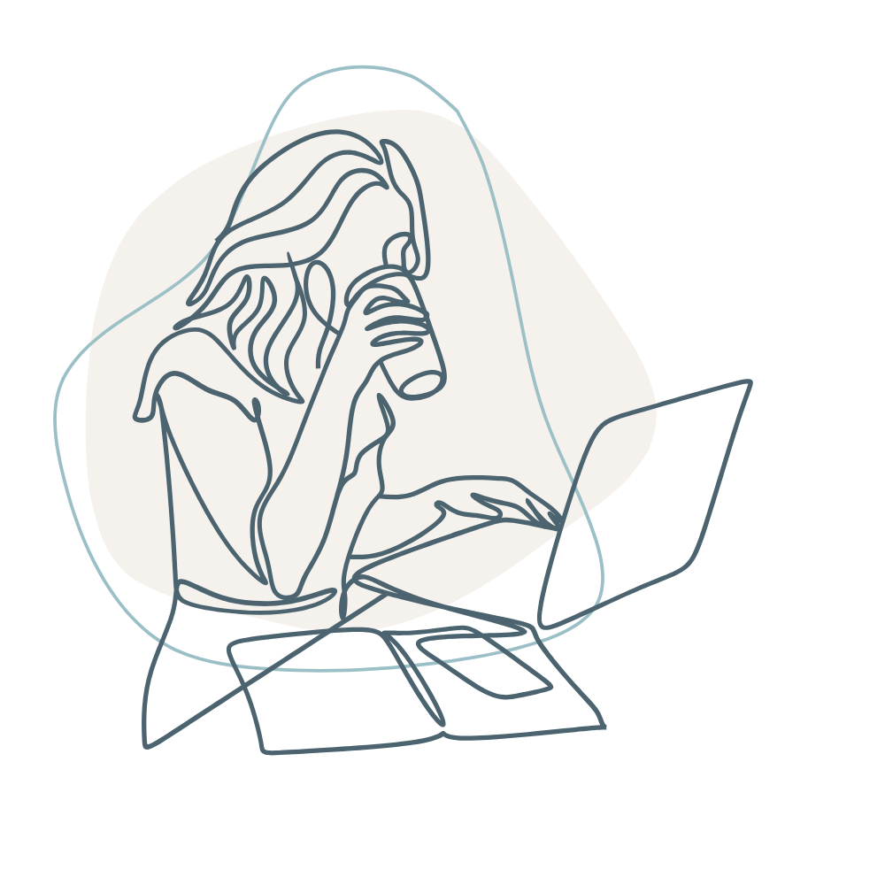 Line drawing of a woman sitting in front of a laptop, drinking coffee or tea with her hand raised to her mouth, against a light background with a dark outer background.