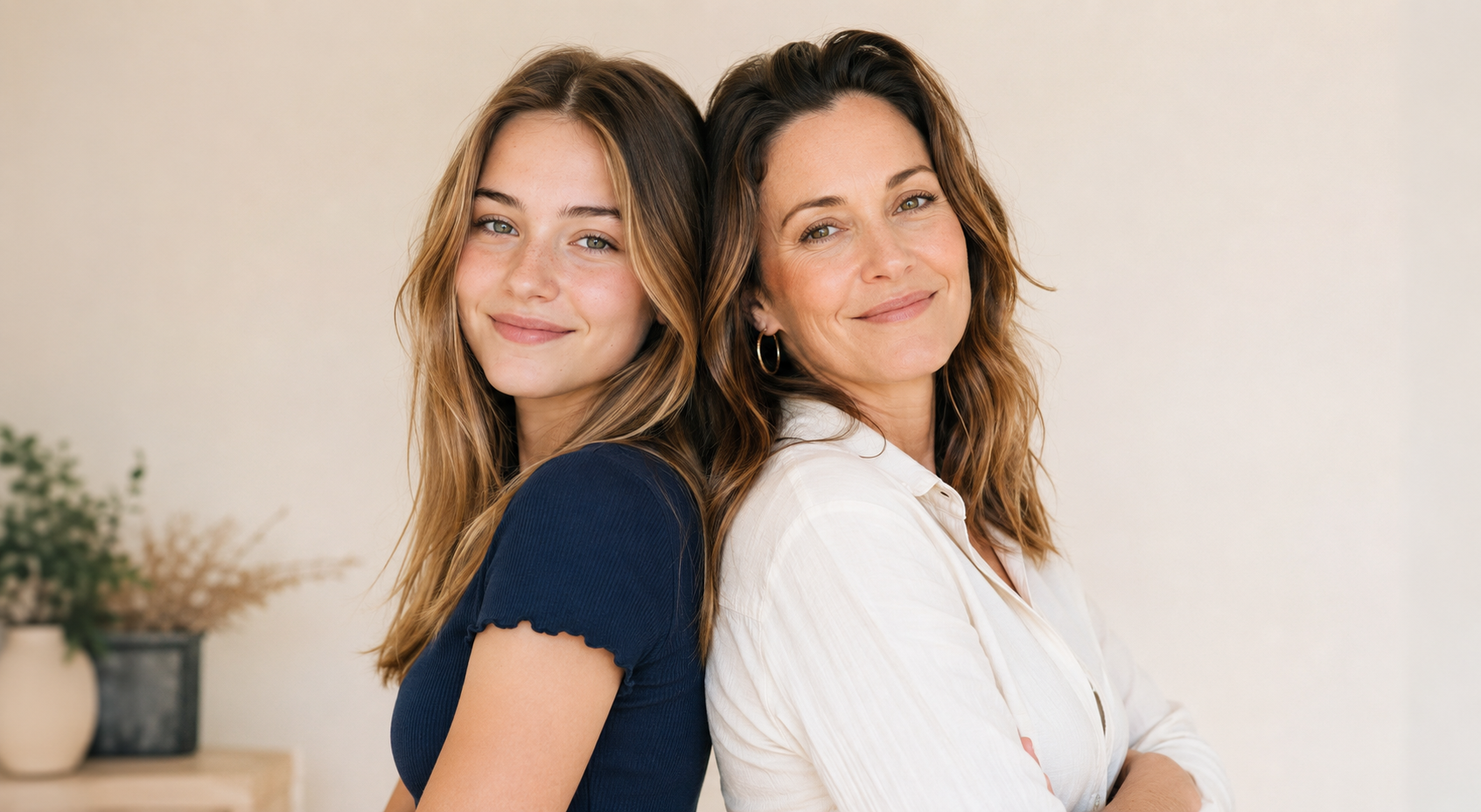 A mother and her daughter leaning back to back and smiling