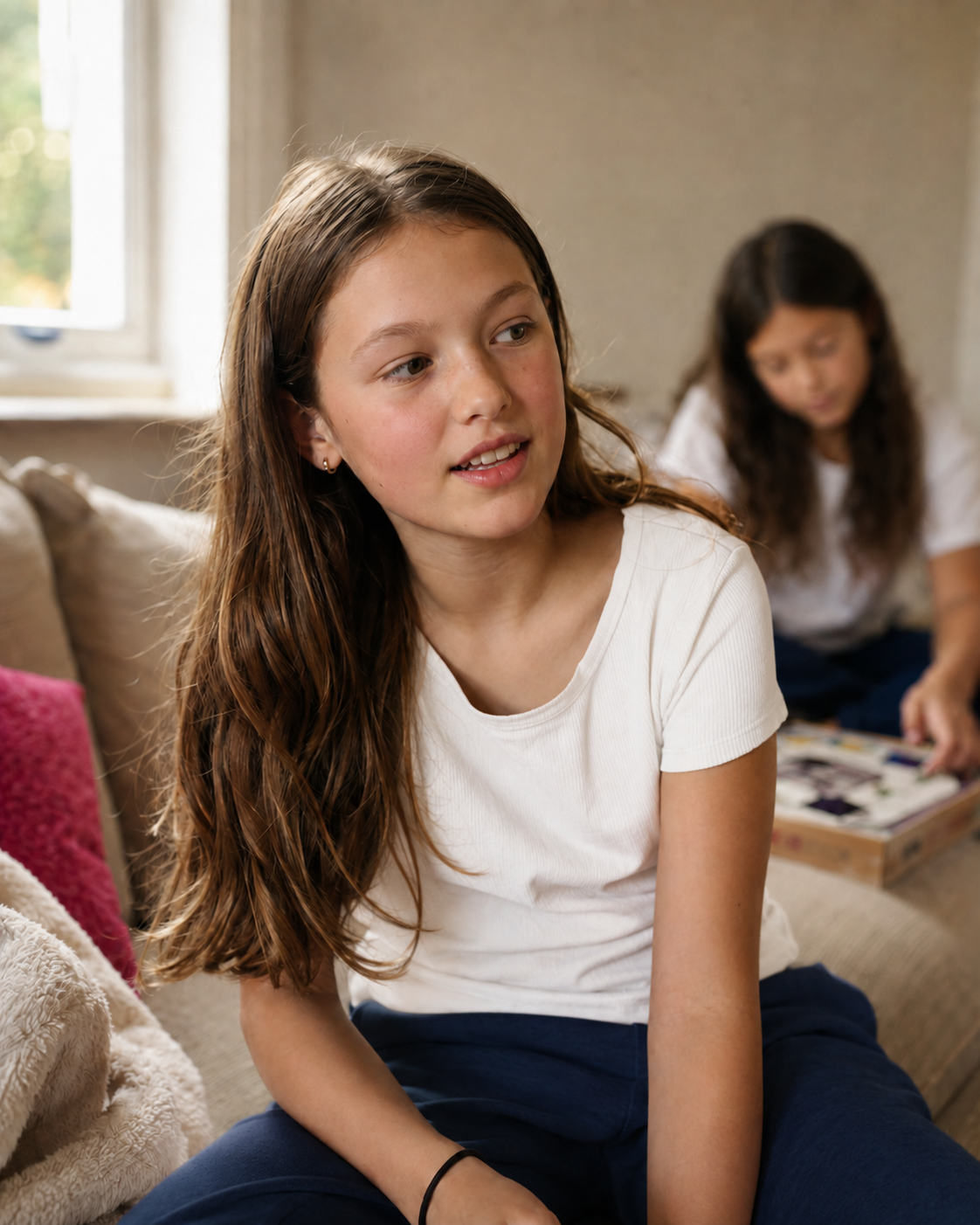 A young girl with long brown hair and freckles sitting on a couch, wearing a white t-shirt and dark pants, with another girl in the background looking at photos.