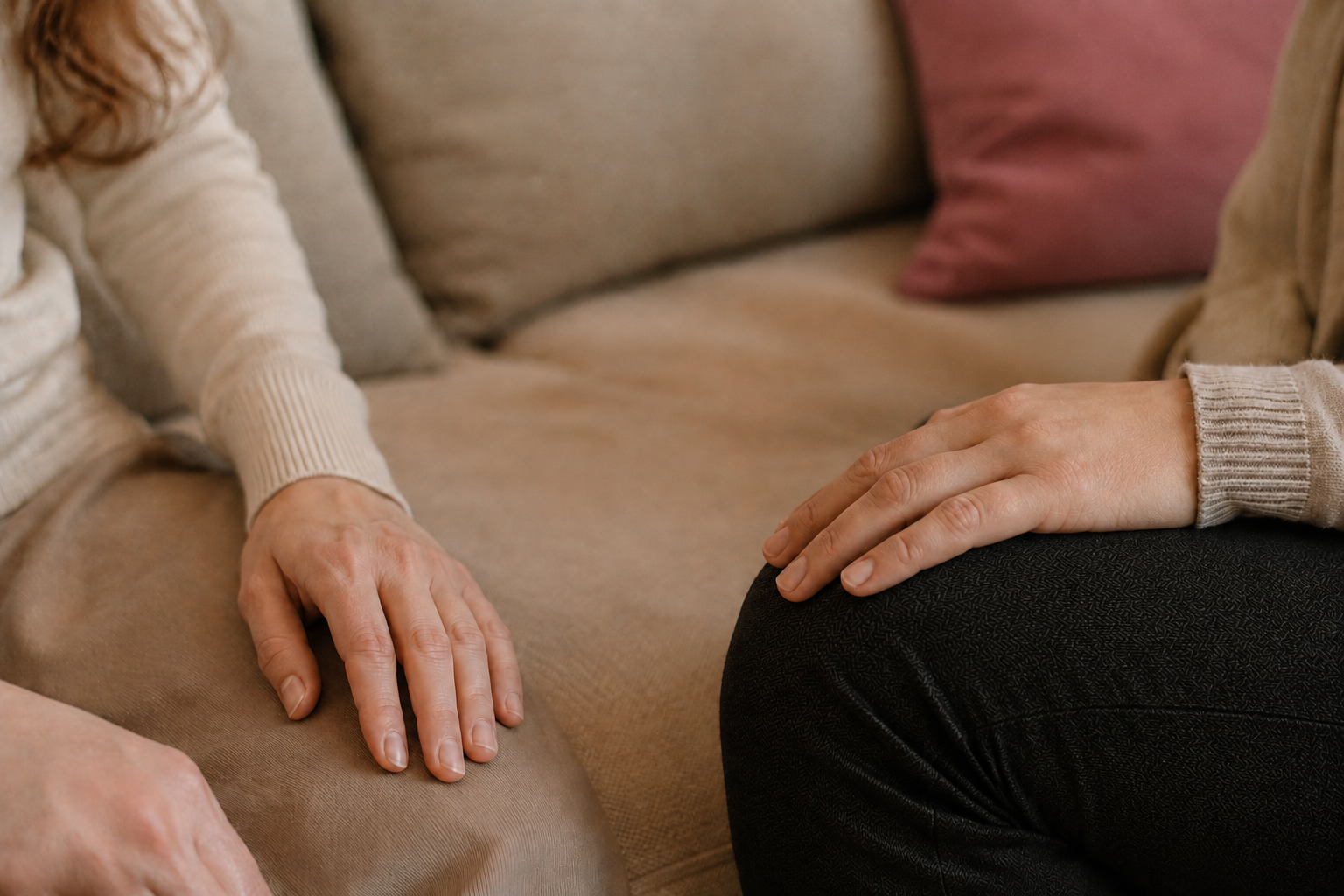Two people sitting on a beige couch with their hands resting on their laps, in conversation