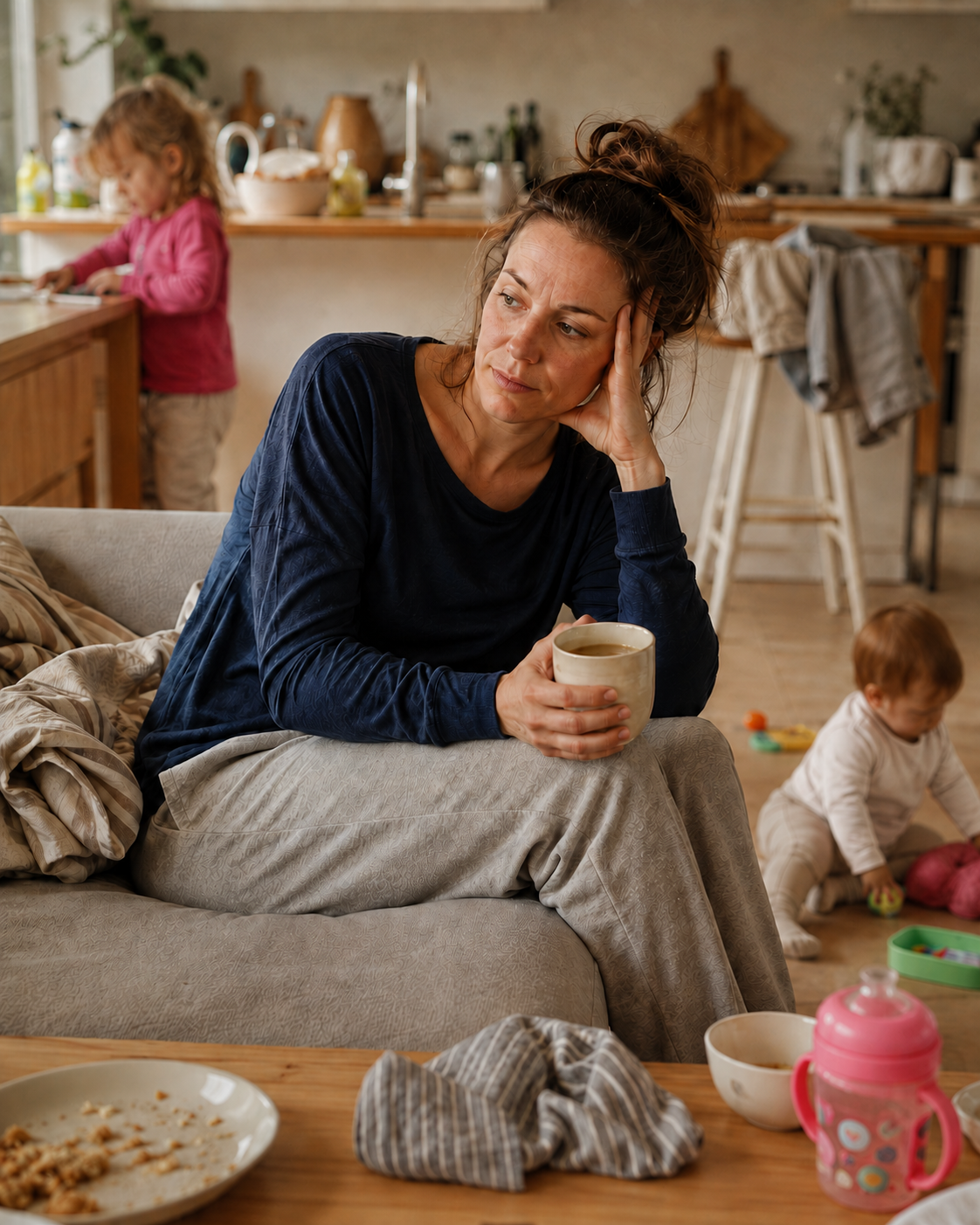 A woman sitting on a beige sofa with a cup of coffee, looking tired and lost in thought. In the background, a young girl in a pink sweater stands at the kitchen counter, and a toddler plays on the floor with toys. The room has a cozy, lived-in feel with dishes and baby items on the table and scattered around.
