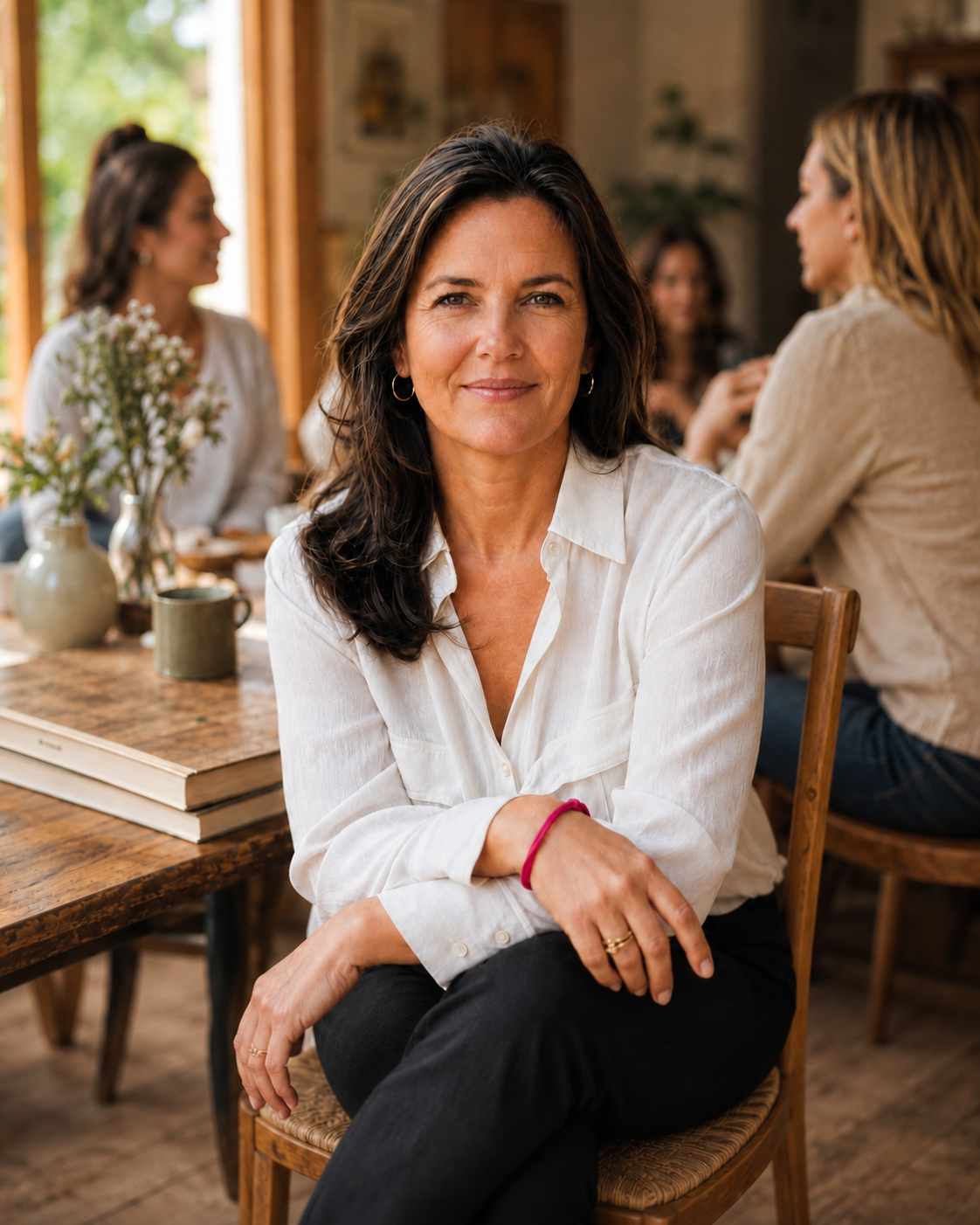 A woman with dark hair, wearing a white blouse, sitting at a wooden table in a cozy, rustic room, with other women in the background engaged in conversation.