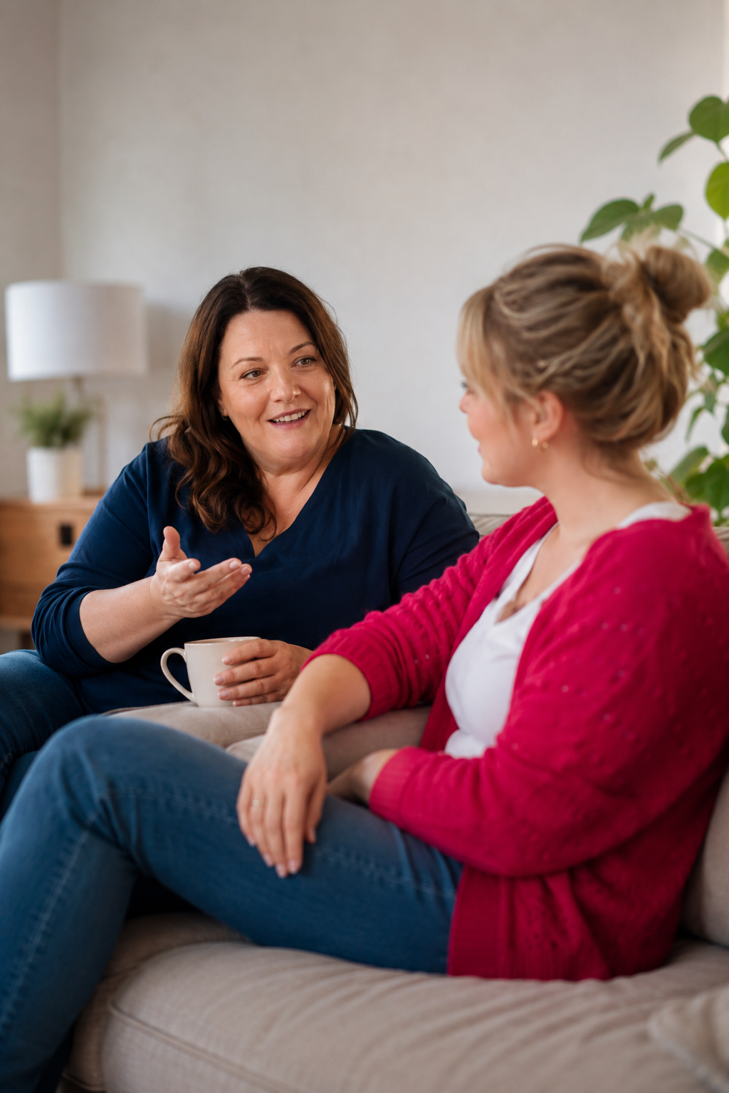 Two women having a friendly conversation on a couch, one holding a mug, in a cozy living room.