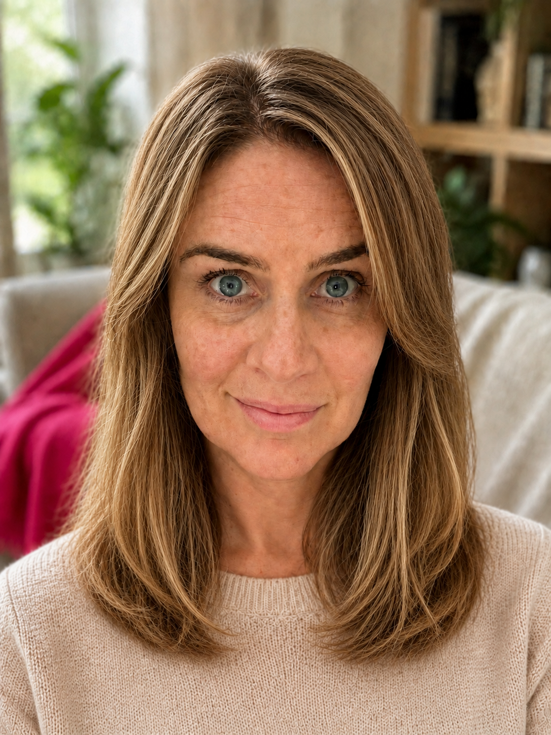 Close-up of a woman with shoulder-length light brown hair, blue eyes, and a light complexion, wearing a beige sweater, smiling softly at the camera with a blurred indoor background.