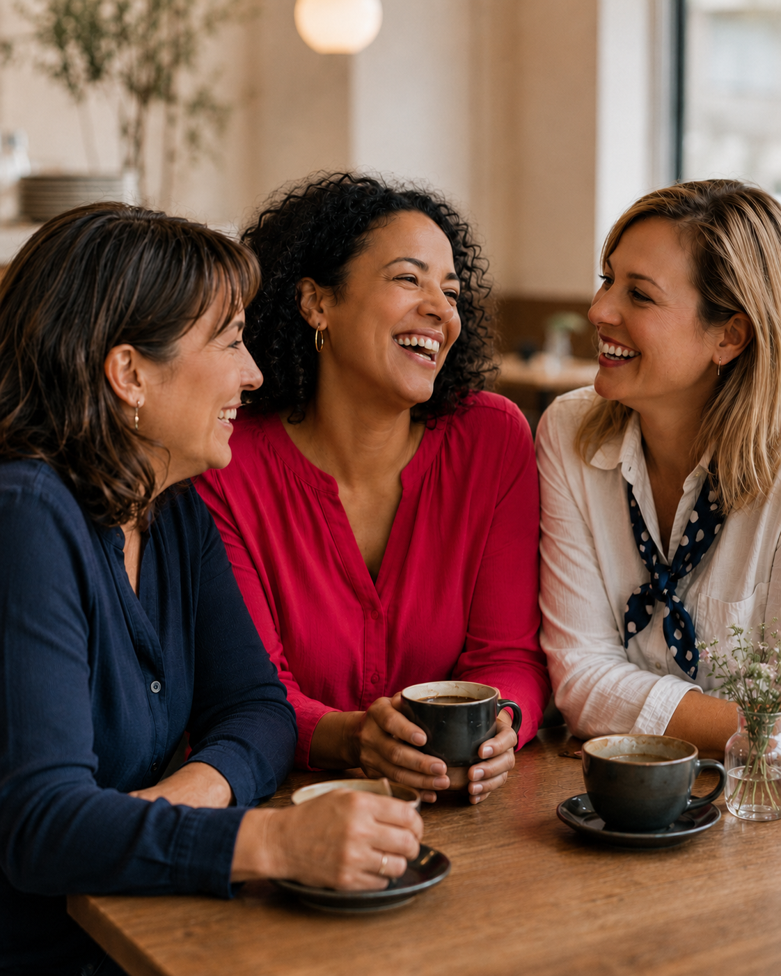 Three women sitting at a table in a cafe, laughing and enjoying coffee together.